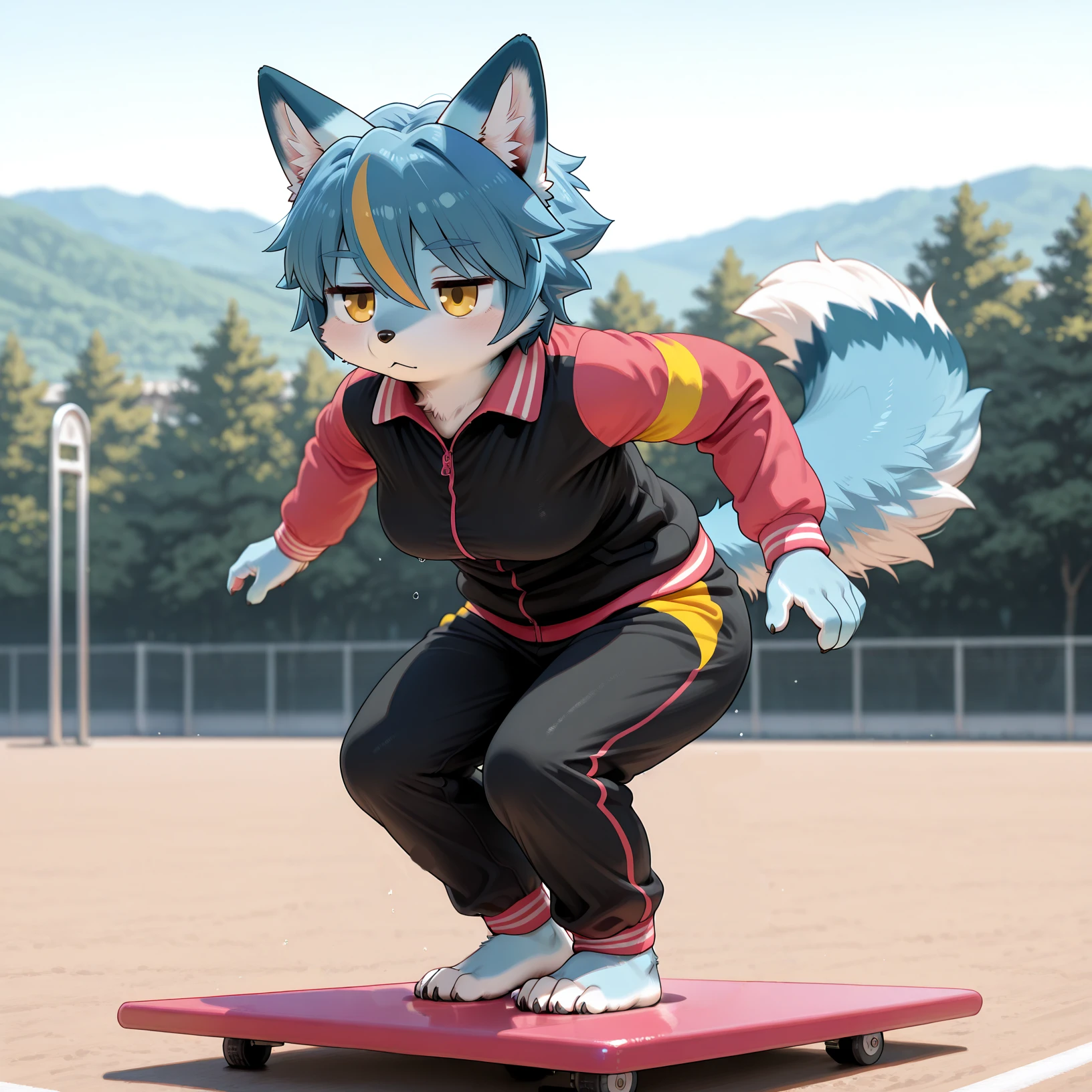 masterpiece, best quality, amazing quality, 4k, very aesthetic, high resolution, ultra-detailed, absurdres, newest,
photorealistic, ultra-detailed, 8k resolution, soft lighting, realistic fur texture,
furry, kemono, ,
female, breasts,(chibi:0.7),
animal tail, animal ears,
blue fur,blue hair, streaked hair, yellow eyes, (simple eyes), jitome,barefoot,
full body,(Balancing, pretending to be surfing on a board:1.3)
perspective,
tracksuit, track pants, track jacket,
round face,
outside,
BREAK
detailed hair, ((detailed fluffy fur)),
<lora:ILL_nanahoshi:1>nanahoshi,<lora:illustrious_very_aesthetic_v1:0.5> masterpiece, best quality, very aesthetic, absurdres, <lora:realistic filter [IL]:0.7> realistic,