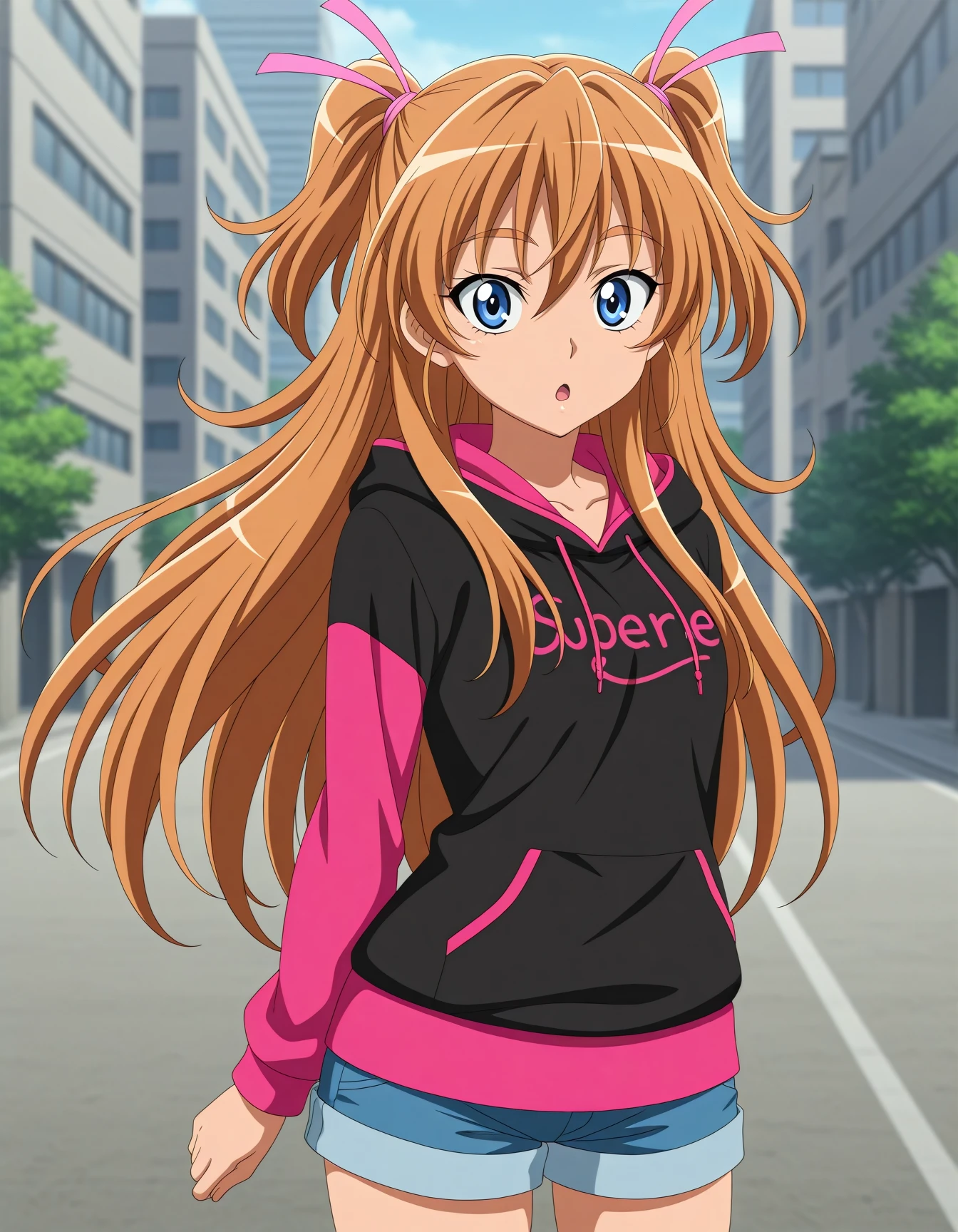 <lora:dmd2-lighting8step_cfg1.5:1>,official style,masterpiece,best quality,newest,very aesthetic,highly detailed,high resolution,absurdres,highres,depth of field,super detailed skin,very awa,Anime,anime coloring,anime screencap,<lora:Cure_Melody_V3:1>,houjou hibiki,solo,two side up,half updo,brown hair,orange hair,blonde hair,hair between eyes,long hair,eyelashes,eyebrows visible through hair,blue eyes,hair ribbon,pink ribbon,casual,hoodie,shorts,city,posing,open mouth,