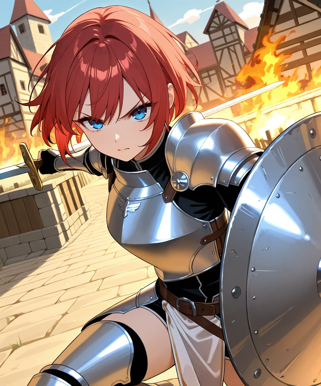 1girl,armor,weapon,blue eyes,solo,sword,short hair,shield,holding,breastplate,holding weapon,fingerless gloves,knight,gloves,looking at viewer,shoulder armor,holding sword,pelvic curtain,pauldrons,fighting,greaves,gauntlets,burning village,close-up,glaring,<lora:epicaction:1> epicaction,bust,upper_body,red hair,