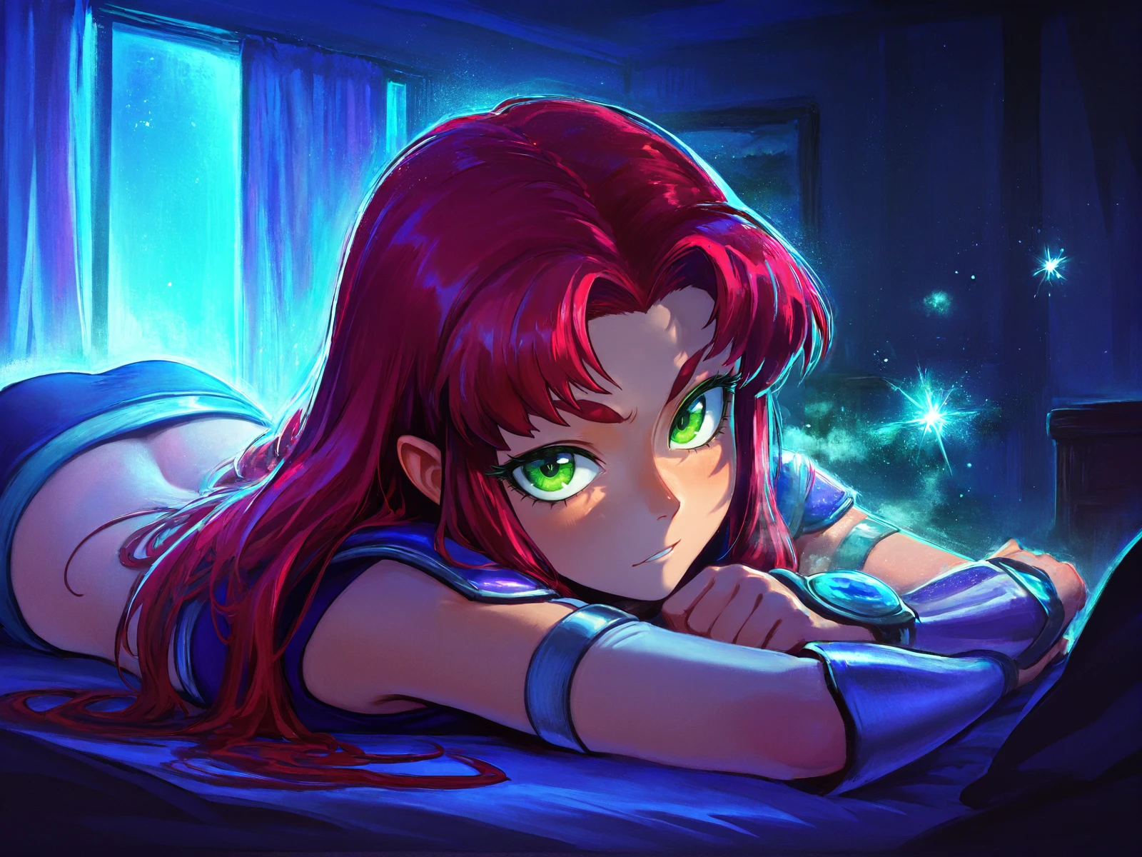1girl,solo,starfire,potrait,detailed background,<lora:Comics_Oki_style_rank24_fp16>,okicomstl,stylized shading,painterly style,textured brushstrokes,dramatic lighting,digital painting,illustrative art,semi-realistic,sharp highlights,<lora:Dramatic Lighting Slider:4>,detailed background,<lora:Age slider mimimeter:1>,old,<lora:Body Type Slider - Illustrious_alpha1.0_rank4_noxattn_last:0.5>,(floating in air:1.2),night,full body,cowboy shot,room,(bed:0.5),looking at viewer,lying,from side,, score_9,score_8_up,score_7_up,score_6_up,, best quality,high quality,extremely detailed,8K HD,Subsurface scattering,epic,hdr,intricate details,8k,(hyperdetailed:1.2),(vivid colors:1.2),better shadows,, (Sexy pose:1.2), (sexy compostion:1.2),