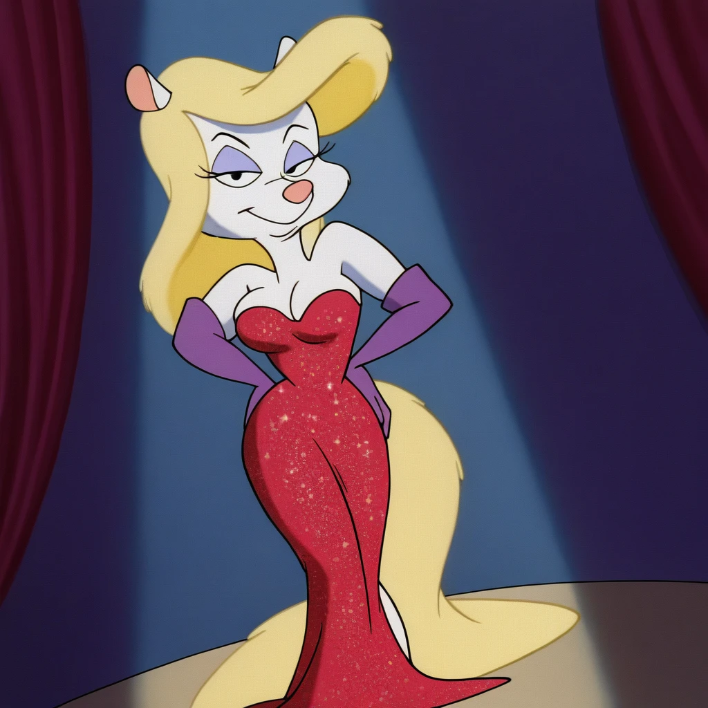 source_cartoon, source_western, source_furry, score_9, score_8_up, score_8, 1girl, <lora:Mewsette:0.95> anthro, blue eyes, pink nose, eyelashes, eyeshadow, solo, cat, white fur, no humans, choker, looking at viewer, happy, full body, whiskers, black choker, black dress, tail, standing, blonde hair, mole,
nightclub background, blurry background,