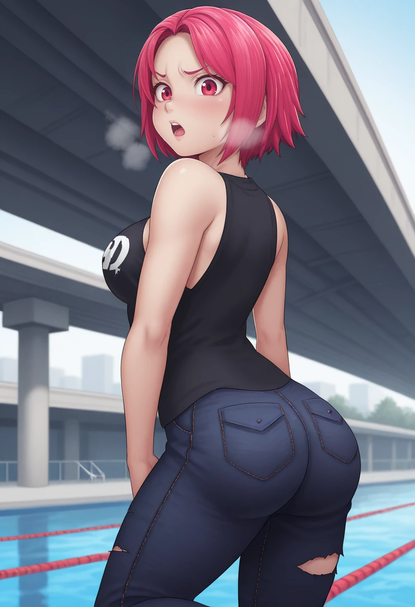 score_9, score_8_up, score_7_up, score_6_up, score_5_up, score_4_up, BREAK, source_anime,1girl,gwen_ten, orange hair, short hair, green eyes, earrings, hair clip, shirtless, no panties, from behind, on all fours with her ass sticking out towards the camera, sexy position, looking at the viewer with a horny face, solo, outdoors, blue sky, park background