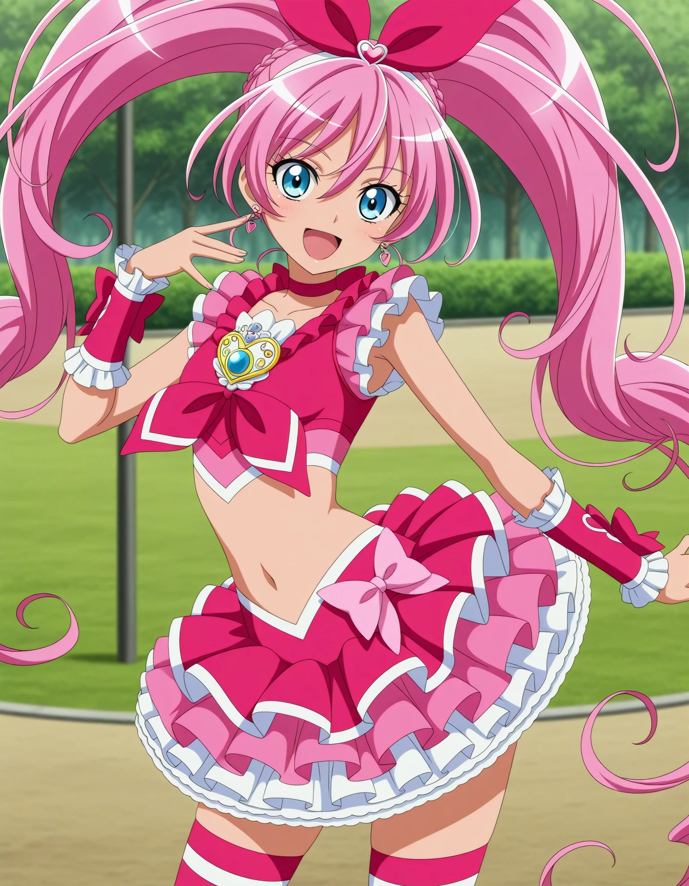 <lora:dmd2-lighting8step_cfg1.5:1>,official style,masterpiece,best quality,newest,very aesthetic,highly detailed,high resolution,absurdres,highres,depth of field,super detailed skin,very awa,Anime,anime coloring,anime screencap,<lora:Cure_Melody_V3:1>,cure melody,solo,pink hair,twintails,very long hair,hair between eyes,braid,eyelashes,eyebrows visible through hair,blue eyes,hair ornament,hairband,hair bow,pink bow,earrings,pink choker,ribbon choker,brooch,pink neckwear,pink shirt,crop top,frilled shirt,midriff,petticoat,pink skirt,frilled skirt,layered skirt,miniskirt,navel,frilled sleeves,wrist cuffs,arm warmers,pink legwear,pink thighhighs,pink footwear,thigh boots,open mouth,park,smile,light_blush,arched_back,posing,