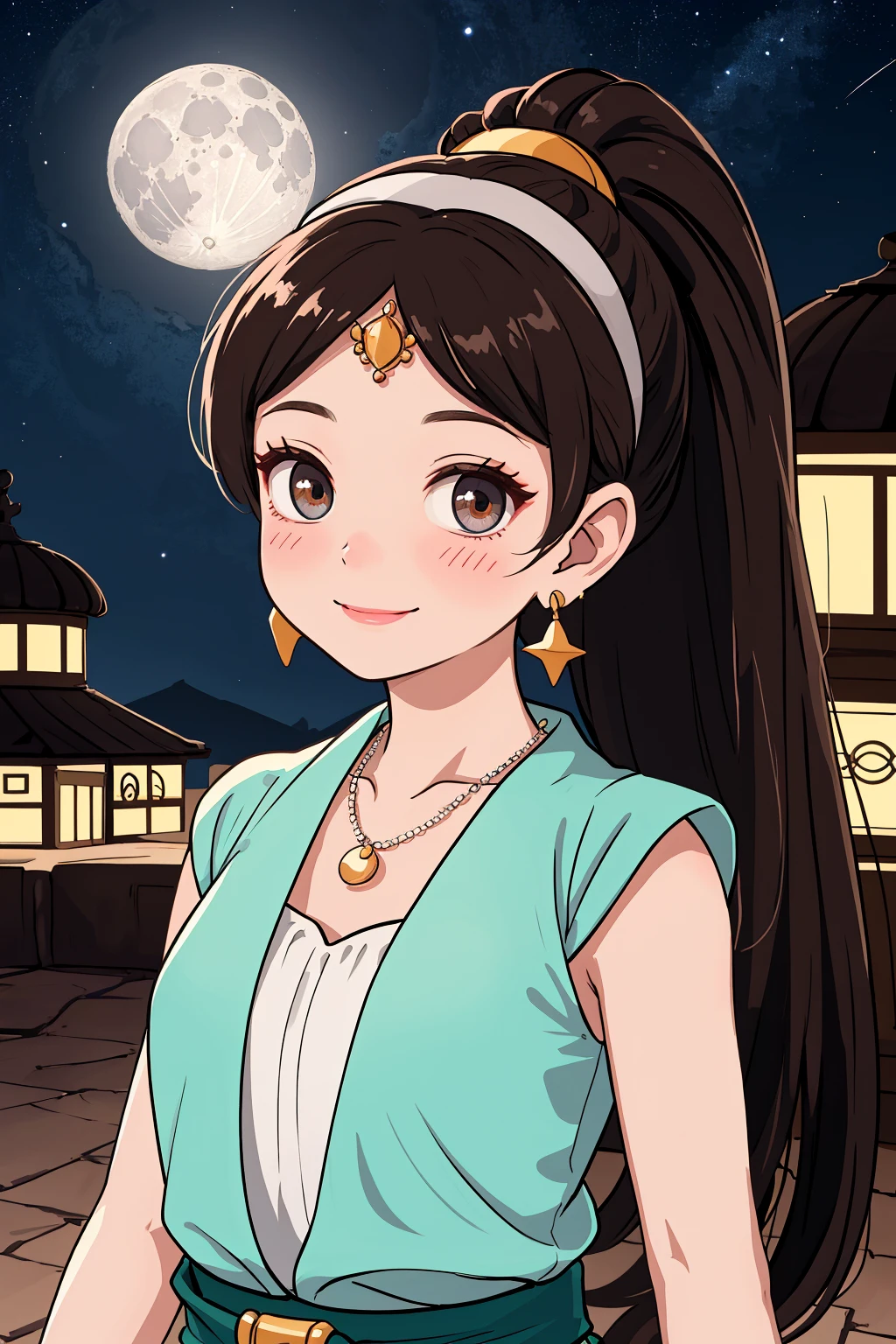 Kpop idol: 1.2, mix4, 1 Korean girl, 14 years old, (light eyebrows: 1.4), shiny brown eyes, bun head, tied two braids, ancient city, Chinese temple, high mountain, beautiful detail sky, street (crowd:1.2), night, (nose blush), hanfu, happy, smile, small round boobs, cleavage showing her dark brown nipples, her crotch , pink vagina visible