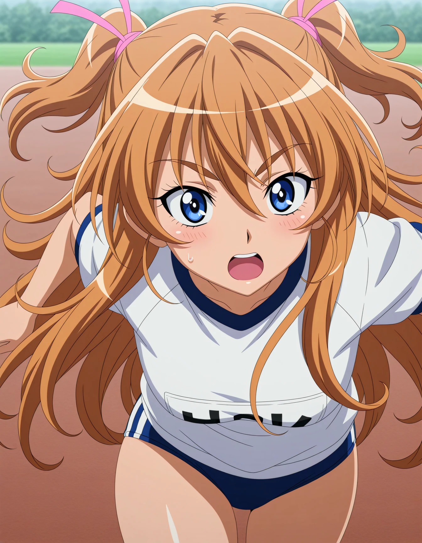 <lora:dmd2-lighting8step_cfg1.5:1>,official style,masterpiece,best quality,newest,very aesthetic,highly detailed,high resolution,absurdres,highres,depth of field,super detailed skin,very awa,Anime,anime coloring,anime screencap,<lora:Cure_Melody_V3:1>,houjou hibiki,solo,two side up,half updo,brown hair,orange hair,blonde hair,hair between eyes,long hair,eyelashes,eyebrows visible through hair,blue eyes,hair ribbon,pink ribbon,sweatdrop,blue buruma,gym_uniform,open mouth,running,