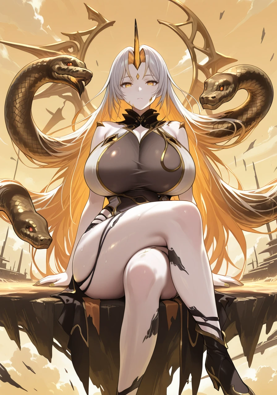 ((1girl)), ((lamia)), ((yellow scales)), tail, black jersey, gigantic breasts, white hair, brown eyes, full body, 8k, highres, best quality, 4k, ((standing)), ((solo)), ((peace sign)), (((facing viewer))), closed eyes, rooftop, 