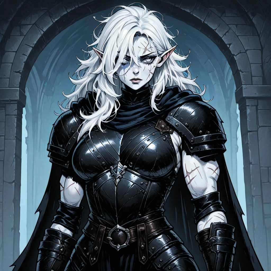 a barbarian warrior with a (armadura de piel detallada y motivos de animales), que ahora lleva un (arco largo y poderoso colgado en su espalda). Sus rasgos faciales son fuertes y decididos, and his fierce look reflects his determination and bravery. (El cabello oscuro y salvaje cae en cascada sobre sus hombros), y sus (Fang and bone embellishments add an extra touch of ferocity to their appearance). La (guerrera de piel blanca como la nieve) destaca en contraste con el fondo oscuro de la noche. En el fondo, la (luna inmensa y brillante) illuminates the natural landscape with leafy trees and mountains, creating a mystical and fascinating atmosphere that frames the warrior in her untamed environment. The image conveys a feeling of power and connection with nature, destacando la fuerza y el coraje de la guerrera en medio de la noche.