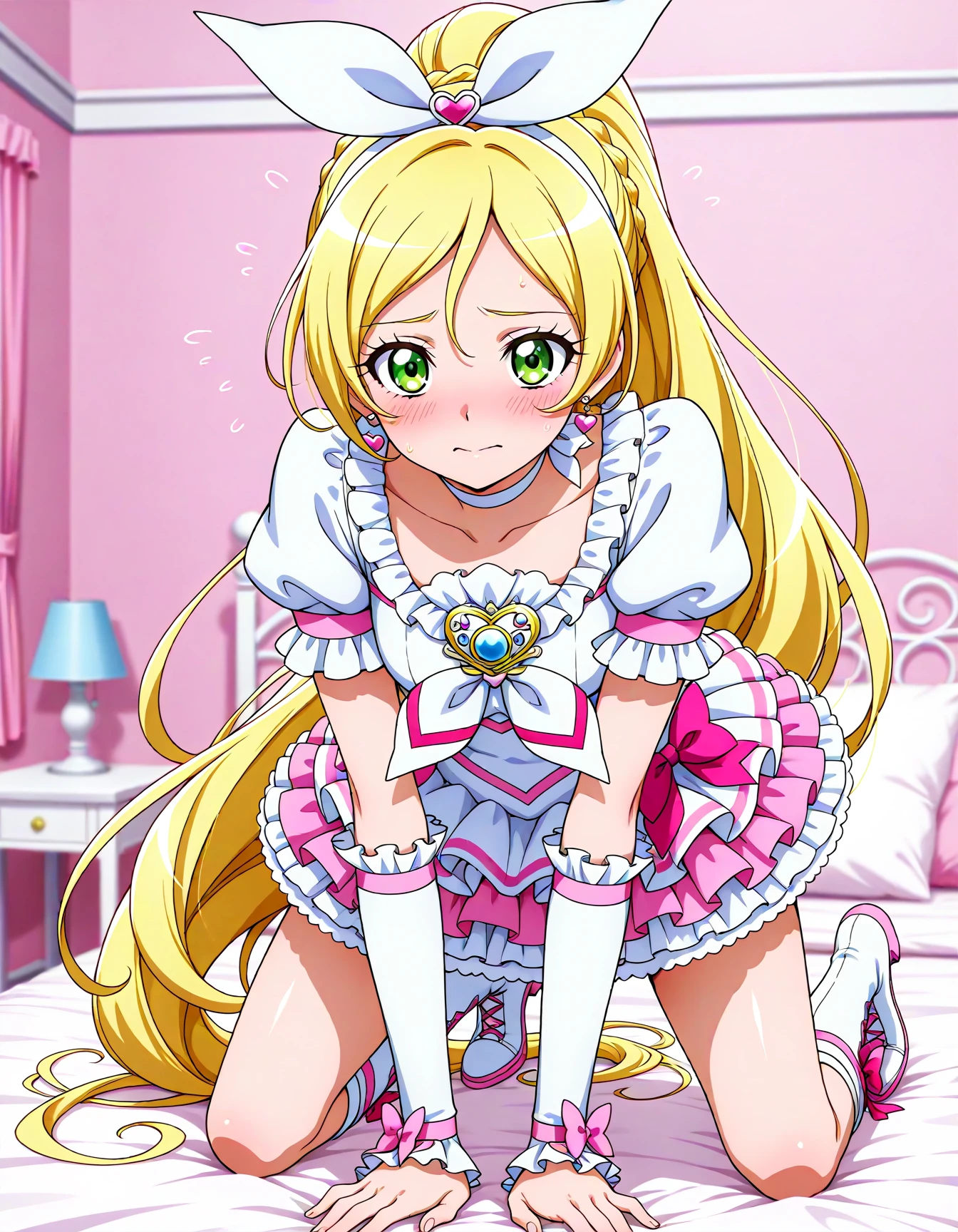 official style,masterpiece,best quality,newest,very aesthetic,highly detailed,high resolution,absurdres,highres,depth of field,super detailed skin,very awa,Anime,anime coloring,anime screencap,<lora:Cure_Rhythm_V3:1>,cure rhythm,solo,blonde hair,ponytail,very long hair,braid,eyelashes,green eyes,hair ornament,white hairband,hair bow,white bow,heart earrings,white choker,ribbon choker,brooch,pink bow,wrist cuffs,white dress,white neckwear,frilled skirt,white skirt,puffy short sleeves,frilled sleeves,arm warmers,layered skirt,knee boots,white footwear,cross-laced footwear,posing,<lora:dmd2_sdxl_4step_lora_fp16:1>,blush,shy,embarrass,bed,bedroom,all_fours,
