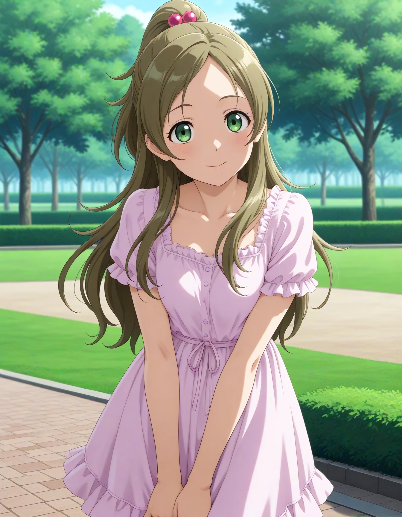 official style,masterpiece,best quality,newest,very aesthetic,highly detailed,high resolution,absurdres,highres,depth of field,super detailed skin,very awa,Anime,anime coloring,anime screencap,<lora:dmd2-lighting8step_cfg1.5:1>,<lora:Cure_Rhythm_V3:1>,minamino kanade,brown hair,blonde hair,long hair,half updo,ponytail,eyelashes,green eyes,hair bobbles,casual,frilled_dress,posing,park,
