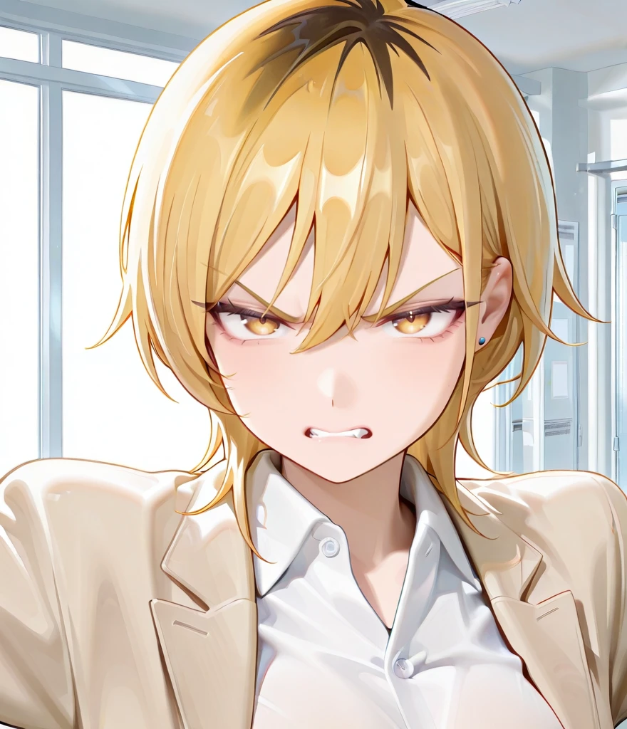 pov, hana midorikawa, handjob, foreskin, blonde, yellow lipstick, coat, white shirt, red tie, angry, from above