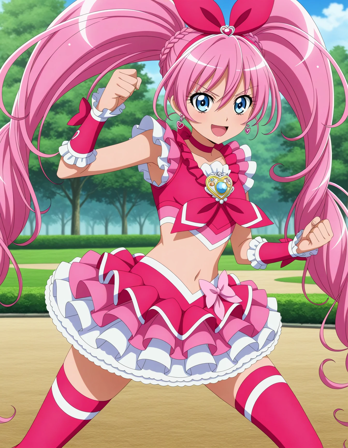 <lora:dmd2-lighting8step_cfg1.5:1>,official style,masterpiece,best quality,newest,very aesthetic,highly detailed,high resolution,absurdres,highres,depth of field,super detailed skin,very awa,Anime,anime coloring,anime screencap,<lora:Cure_Melody_V3:1>,cure melody,solo,pink hair,twintails,very long hair,hair between eyes,braid,eyelashes,eyebrows visible through hair,blue eyes,hair ornament,hairband,hair bow,pink bow,earrings,pink choker,ribbon choker,brooch,pink neckwear,pink shirt,crop top,frilled shirt,midriff,petticoat,pink skirt,frilled skirt,layered skirt,miniskirt,navel,frilled sleeves,wrist cuffs,arm warmers,pink legwear,pink thighhighs,pink footwear,thigh boots,smirk,open mouth,fighting_stance,legs_apart,park,
