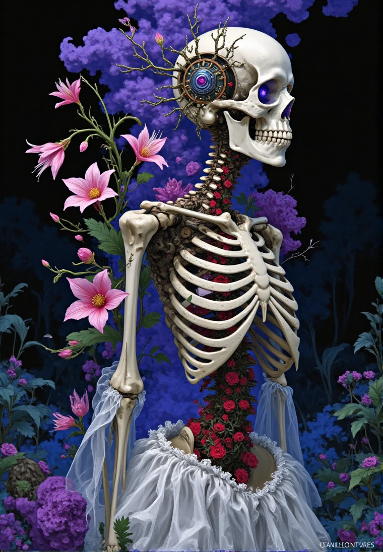 skeleton with flowers in her hair and a flower crown, skeleton girl, saint skeleton queen, metallic skeleton, thin skeleton, 她skeleton优美, 肉质skeleton, ( ( ( skeleton ) ) ), textured detailed skeleton, Flowers grow from the body, Hauntingly Beautiful Zombies, half woman half skeleton, Unforgettable beautiful art, Anatomically perfect, female death
