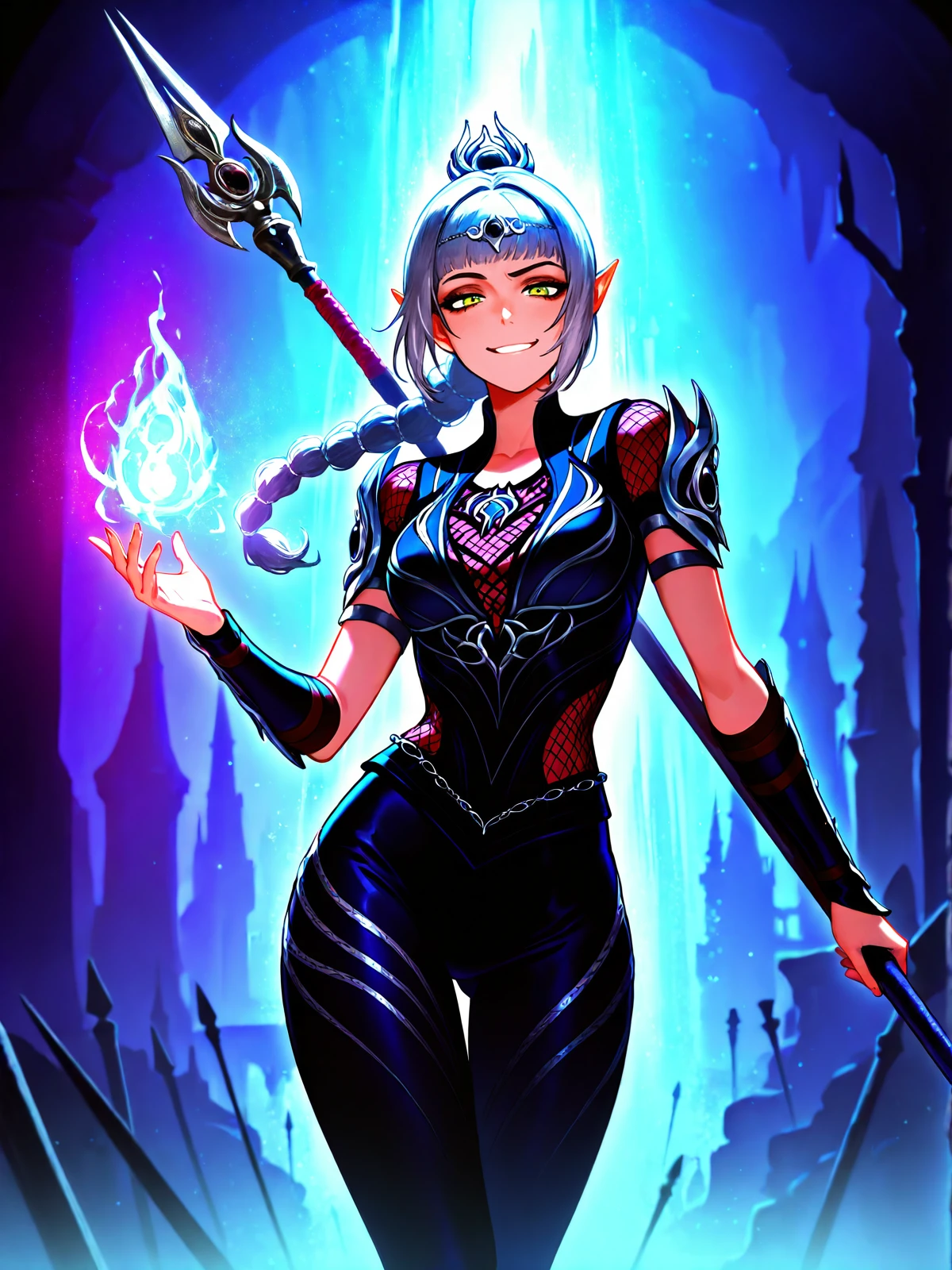 1girl,(shadowheart \(baldur's gate\):1.2),smug,grey hair,looking at viewer,(cowboy shot:1.2),(potrait:1.2),magic,spear,holding polearm,<lora:Dramatic Lighting Slider:4>,(detailed background:1.2),<lora:Comics_Oki_style_rank24_fp16:0.7>,okicomstl,textured brushstrokes,painterly style,digital painting,illustrative art,<lora:Age slider mimimeter:1>,old,<lora:Body Type Slider - Illustrious_alpha1.0_rank4_noxattn_last:0.5>,, score_9,score_8_up,score_7_up,score_6_up,, best quality,high quality,extremely detailed,8K HD,Subsurface scattering,epic,hdr,intricate details,8k,(hyperdetailed:1.2),(vivid colors:1.2),better shadows,, (Sexy pose:1.2), (sexy compostion:1.2),