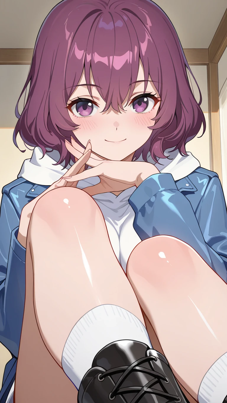 (masterpiece),best quality,amazing quality,very aesthetic,absurdres,newest,perfect body,shiny skin,perfect eyes,detail1eye,well-defined fingers,well-defined fingernails,anime style,indoors,1girl,solo,upper body,(portrait:1.5),looking at viewer,facing viewer,smile,blush,Tang Rou,short hair,purple hair,hair between eyes,bangs,purple eyes,blue jacket,open jacket,white dress,hoodie,long sleeves,medium breasts,white socks,cross-laced footwear,black footwear,<lora:Tang Rou(tka)-Illus:2>,
