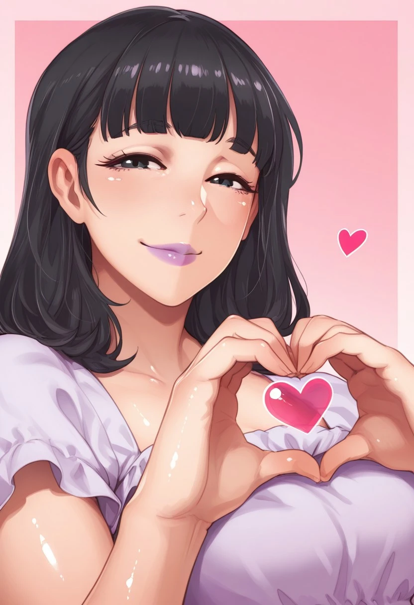 1girl, solo, medium build, medium hair, sfw, safe for work, flowy dress, black eyes, purple lipgloss, smiling, portrait, upper body, heart hands, foreshortening, detailed, newest, shiny skin, cowboy angle, solo focus, otochichi