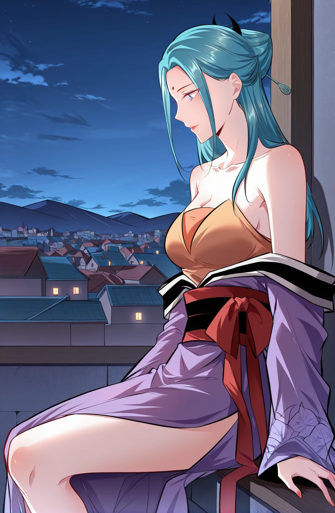 Panties in full view、Underwear in full view、Big Breasts、Blue Panties、Panties in full view、MiniskirtFullNude,Armpit show,flora \(dq5\),Long hair,half updo,white thighhig,1girl in, solo,  face to the viewer, Looking at Viewer, Smile,nighttime scene