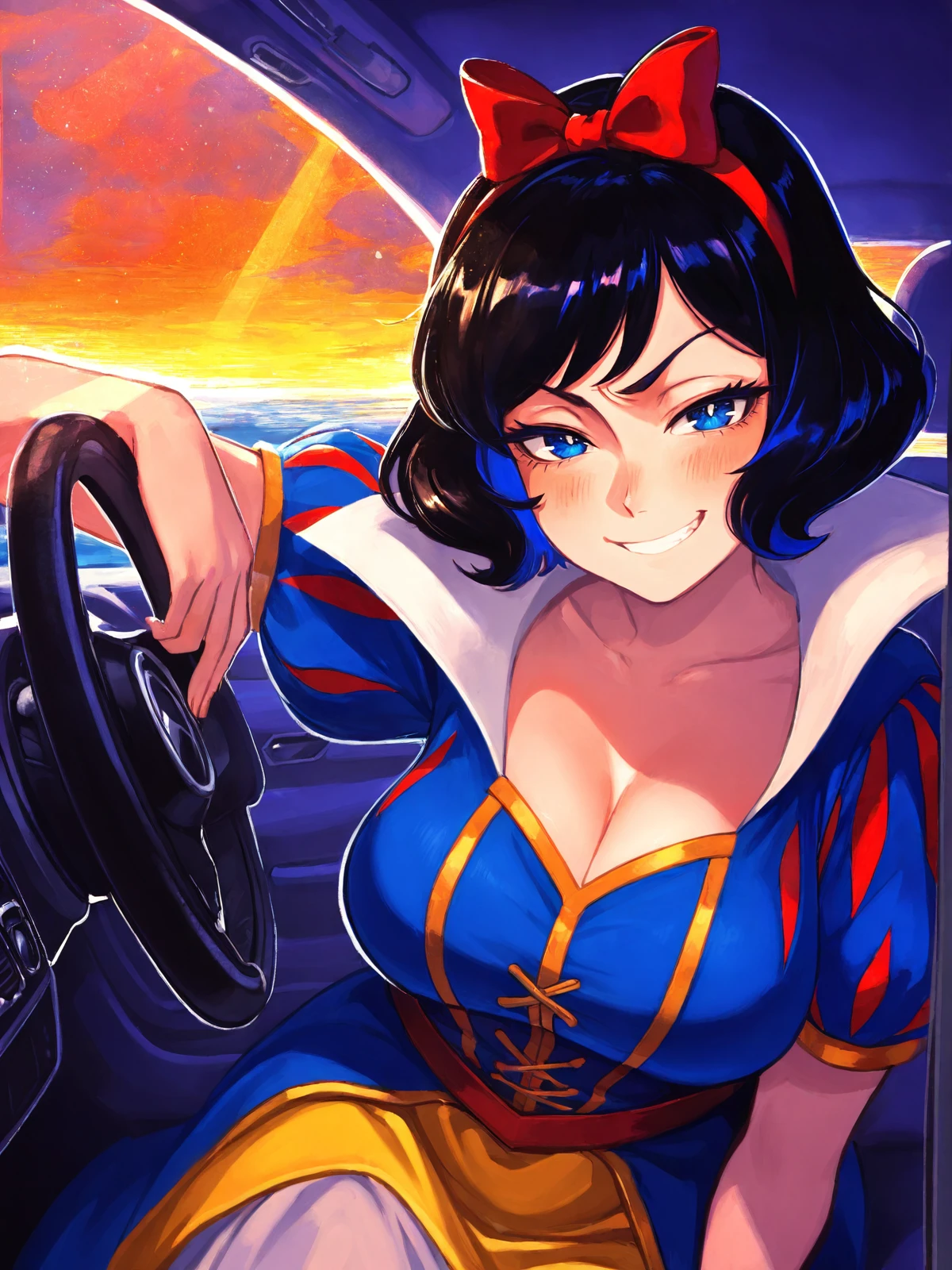 1girl,snow white,(short hair:0.8),cowboy shot,looking at viewer,smug,<lora:Age slider mimimeter:4>,<lora:Dramatic Lighting Slider:4>,<lora:longlegs-slider-illu-v1:10>,<lora:Comics_Oki_style_rank24_fp16:1>,okicomstl,stylized shading,vibrant colors,painterly style,textured brushstrokes,dramatic lighting,digital painting,illustrative art,semi-realistic,sharp highlights,bold lines,cool color palette,car interior,, score_9,score_8_up,score_7_up,score_6_up,, best quality,high quality,extremely detailed,8K HD,Subsurface scattering,epic,hdr,intricate details,8k,(hyperdetailed:1.2),(vivid colors:1.2),better shadows,