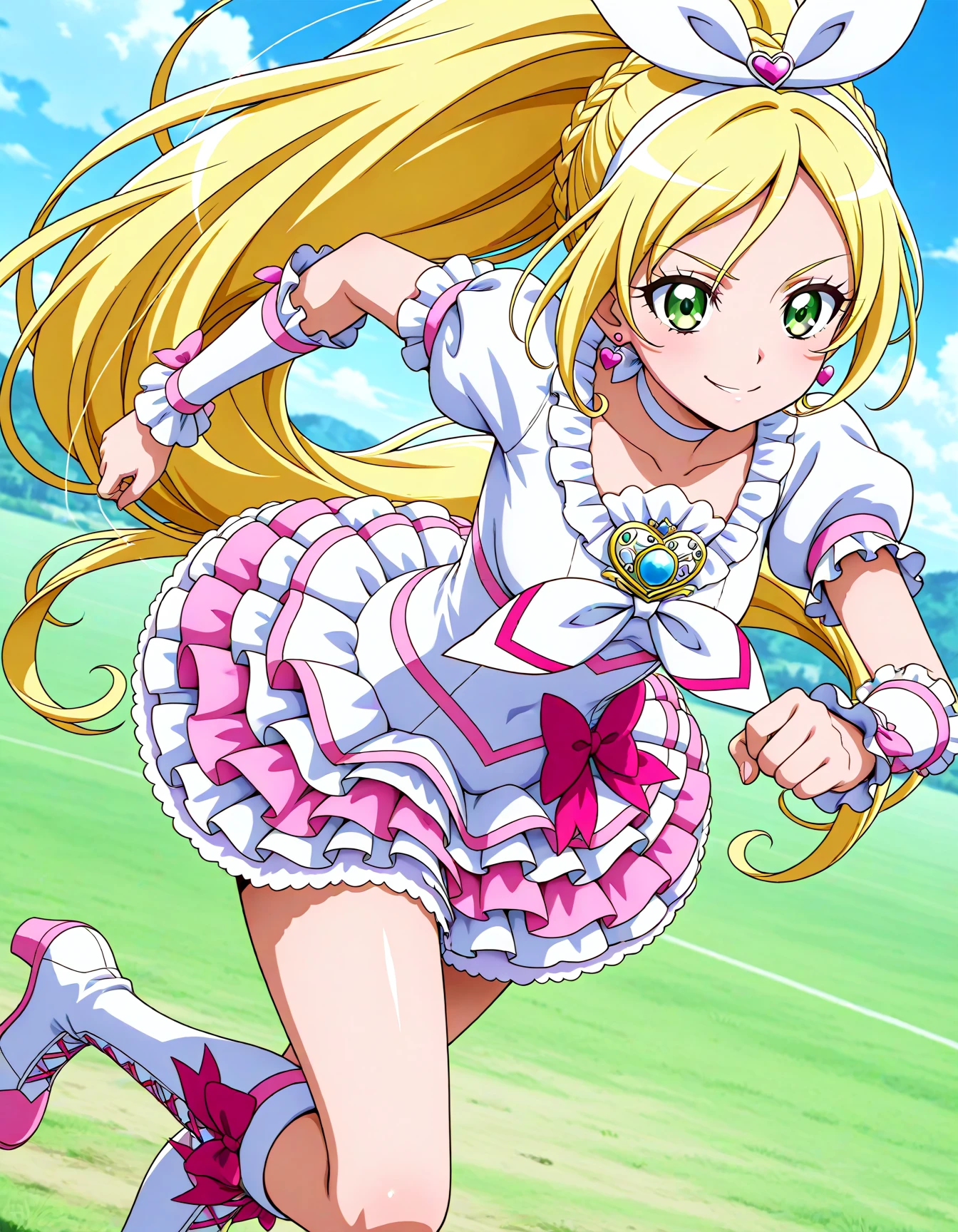 official style,masterpiece,best quality,newest,very aesthetic,highly detailed,high resolution,absurdres,highres,depth of field,super detailed skin,very awa,Anime,anime coloring,anime screencap,<lora:Cure_Rhythm_V3:1>,cure rhythm,solo,blonde hair,ponytail,very long hair,braid,eyelashes,green eyes,hair ornament,white hairband,hair bow,white bow,heart earrings,white choker,ribbon choker,brooch,pink bow,wrist cuffs,white dress,white neckwear,frilled skirt,white skirt,puffy short sleeves,frilled sleeves,arm warmers,layered skirt,knee boots,white footwear,cross-laced footwear,posing,<lora:dmd2_sdxl_4step_lora_fp16:1>,smirk,flying,running,