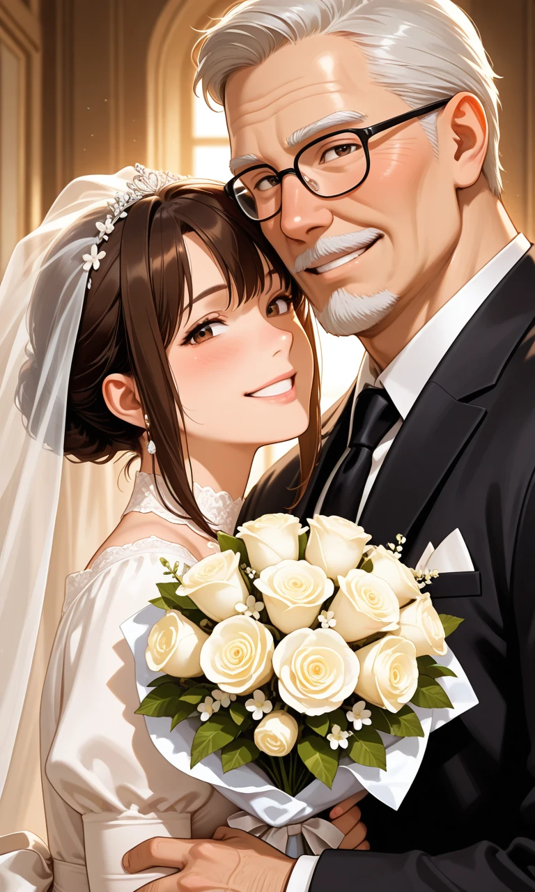 (theme is Daughter's wedding), sfw:1.2, 1boy, mature character, glasses, muscular, japanese old man, family formal wear, tear up, dandy smile face, holding a Wedding bouquet. The two stand close together. looking at viewer, from side, (close-up female),, masterpiece, amazing quality, very aesthetic, high resolution, ultra-detailed, absolute, newest,
2d, semi-realistic, moe heroine, sharp focus,, anime style, anime color,