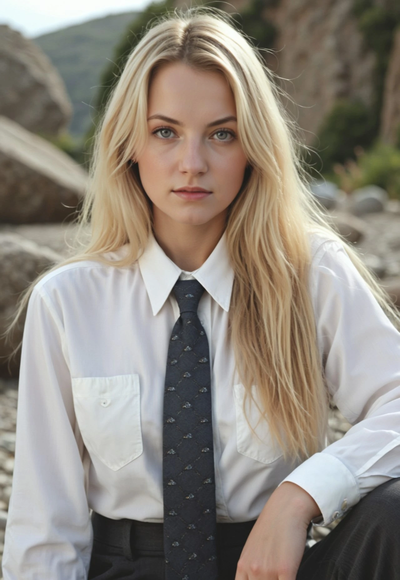 1girl,photo,realism,long hair,blonde hair,detailed face,wearing a white shirt,blazer,tie,outdoors,rocks,masterpiece,best qualit,k4ty0, <lora:k4ty0-step00001800:1>
