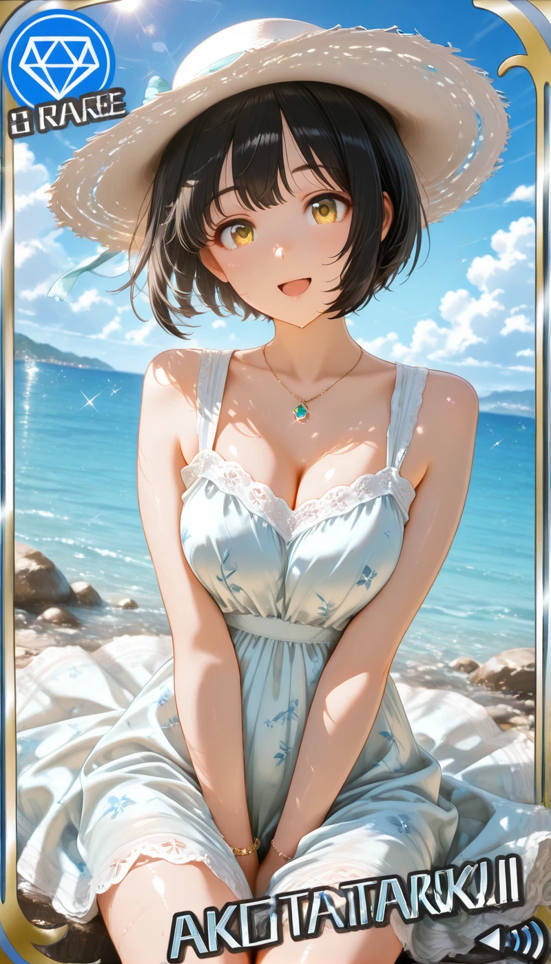 Beautiful woman, Short blue dress, Cleavage,Very large breasts,On a beautiful beach, Messy short hair, make out, A light smile, Holding flowers, Ultra HD, Realistic, Bright colors, Attention to detail, UHD rendering, Perfect composition, 美しくAttention to detail複合施設
