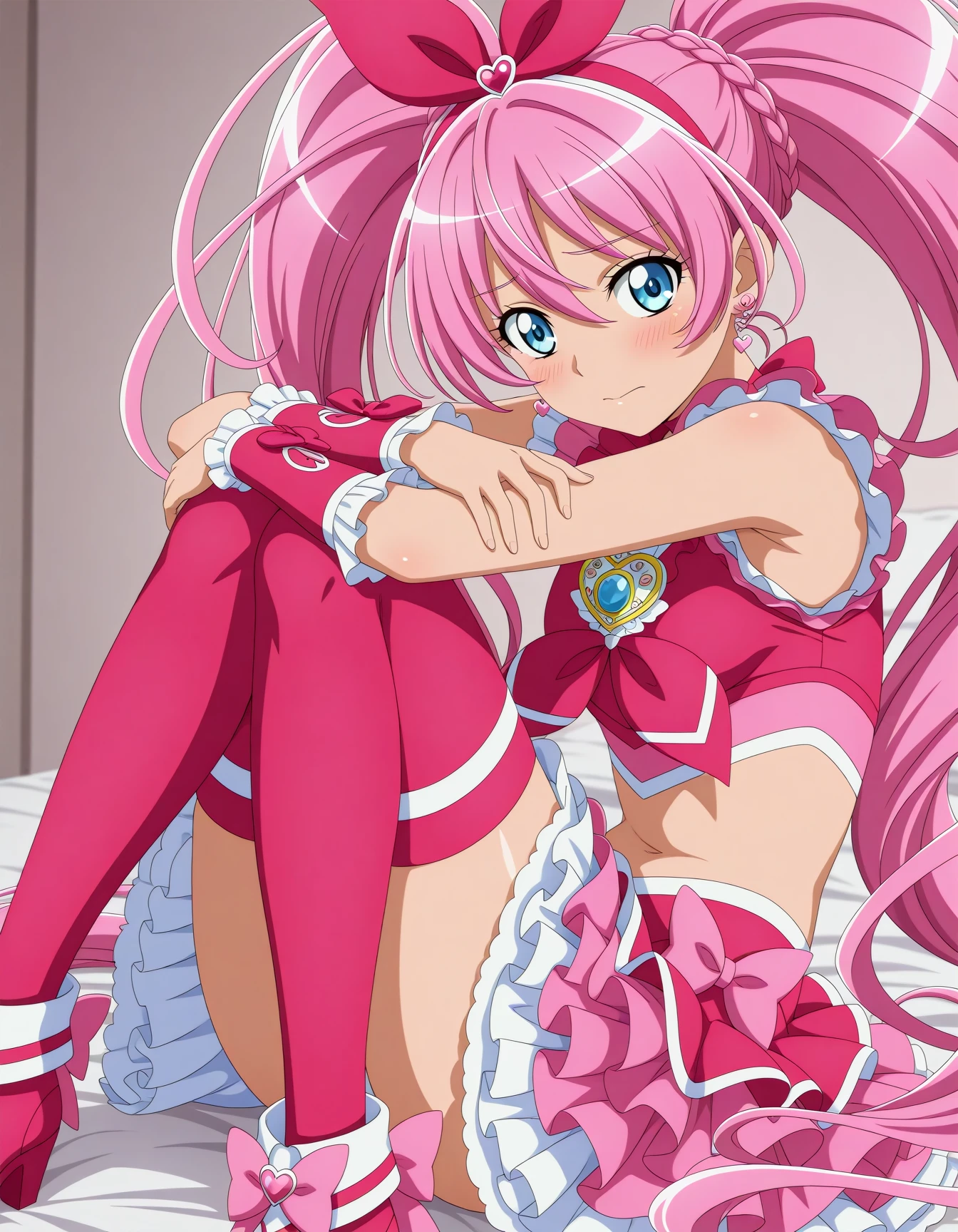 <lora:dmd2-lighting8step_cfg1.5:1>,official style,masterpiece,best quality,newest,very aesthetic,highly detailed,high resolution,absurdres,highres,depth of field,super detailed skin,very awa,Anime,anime coloring,anime screencap,<lora:Cure_Melody_V3:1>,cure melody,solo,pink hair,twintails,very long hair,hair between eyes,braid,eyelashes,eyebrows visible through hair,blue eyes,hair ornament,hairband,hair bow,pink bow,earrings,pink choker,ribbon choker,brooch,pink neckwear,pink shirt,crop top,frilled shirt,midriff,petticoat,pink skirt,frilled skirt,layered skirt,miniskirt,navel,frilled sleeves,wrist cuffs,arm warmers,pink legwear,pink thighhighs,pink footwear,thigh boots,embarrass,shy,blush,bedroom,bed,hugging_own_legs,sitting,knees_together_feet_apart,crossed_arms,(sideways_glance:2),white panties,