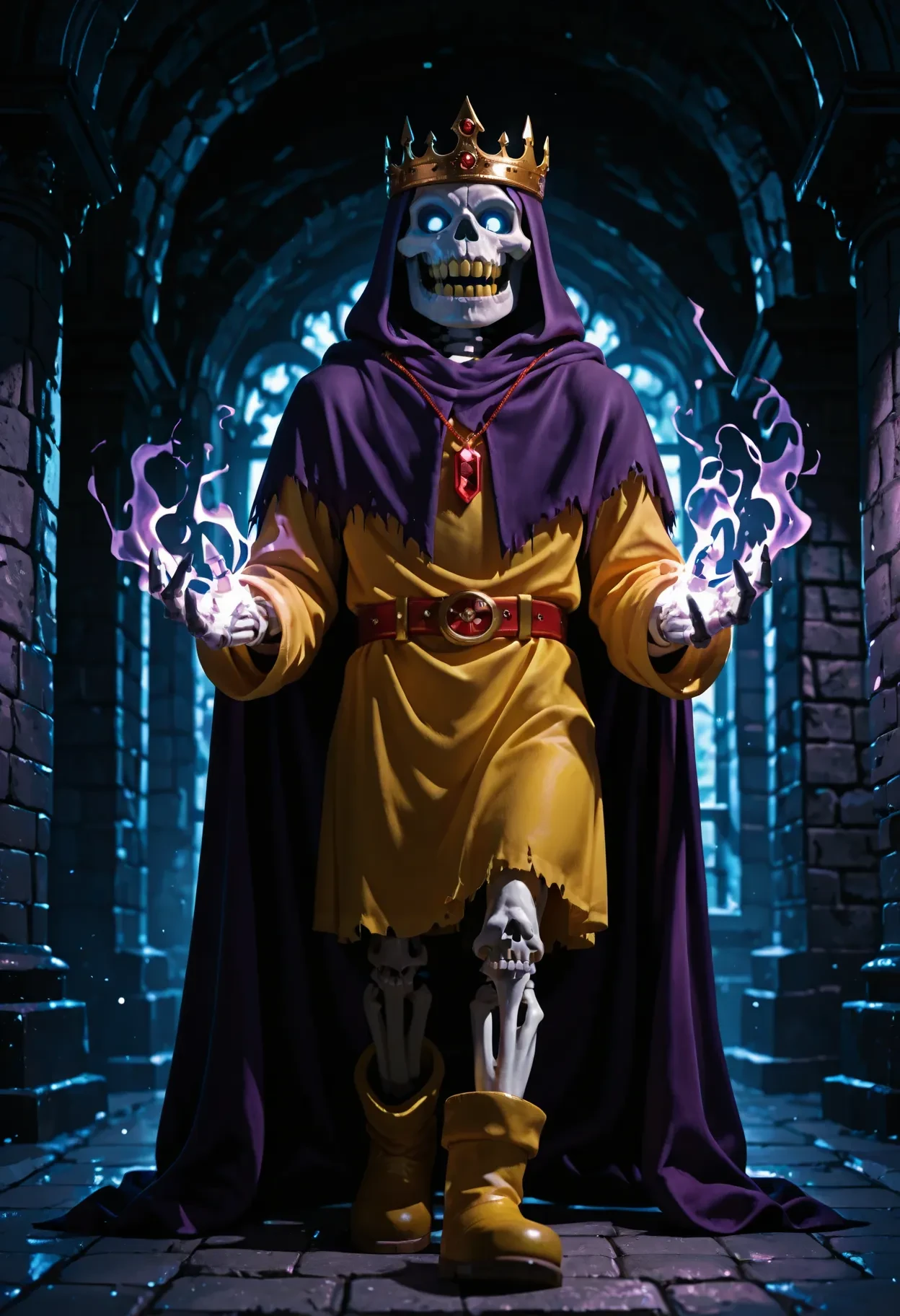 8k, extremely detailed, film lighting, a friendly and cute wizard skeleton, with red eyes, holding a crystal ball