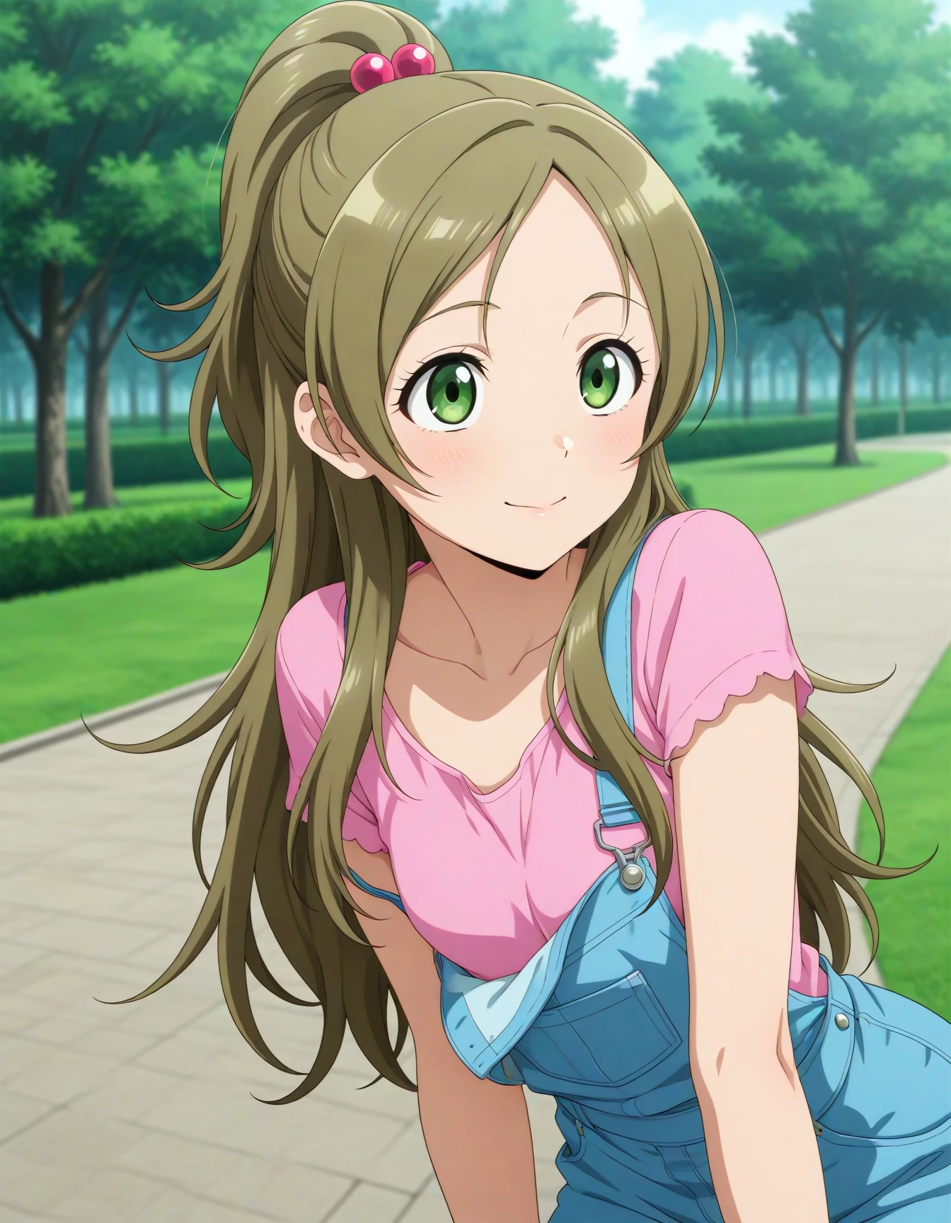 official style,masterpiece,best quality,newest,very aesthetic,highly detailed,high resolution,absurdres,highres,depth of field,super detailed skin,very awa,Anime,anime coloring,anime screencap,<lora:dmd2-lighting8step_cfg1.5:1>,<lora:Cure_Rhythm_V3:1>,minamino kanade,brown hair,blonde hair,long hair,half updo,ponytail,eyelashes,green eyes,hair bobbles,posing,park,overalls,