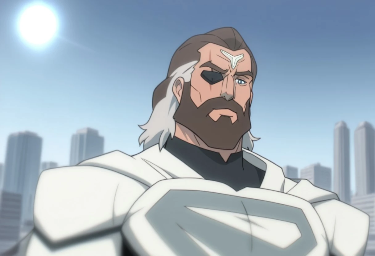 masterpiece, high resolution, high quality, high detail, high definition, correct anatomy, perfect anatomy, perfect hands, perfect feet, intrincate details, bara, muscles, abs, muscular, biceps, veins, veiny muscles, dynamic pose, dynamic angle, handsome, ultra-detailed, solo_focus, 1 boy, pecs, pectorals, solo, handsome, very manly, beard, blue eyes, white hair, brown hair, brown beard, mustache, muscular complexion, beard, male focus, 1boy, facial hair, eyepatch, mustache, solo, bodysuit, brown hair, Scar across eye , (Upper body), city background, sky, sun, ((slightly smile))