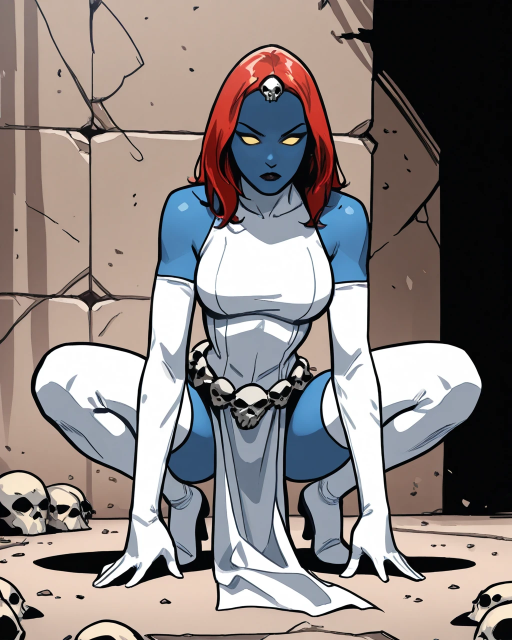<lora:Mike_Deodato_Style-11:.8> Deodato, 1girl, Mystique, blue skin, white dress, skull belt, sexy pose, simple gradient background <lora:mystique:.75>