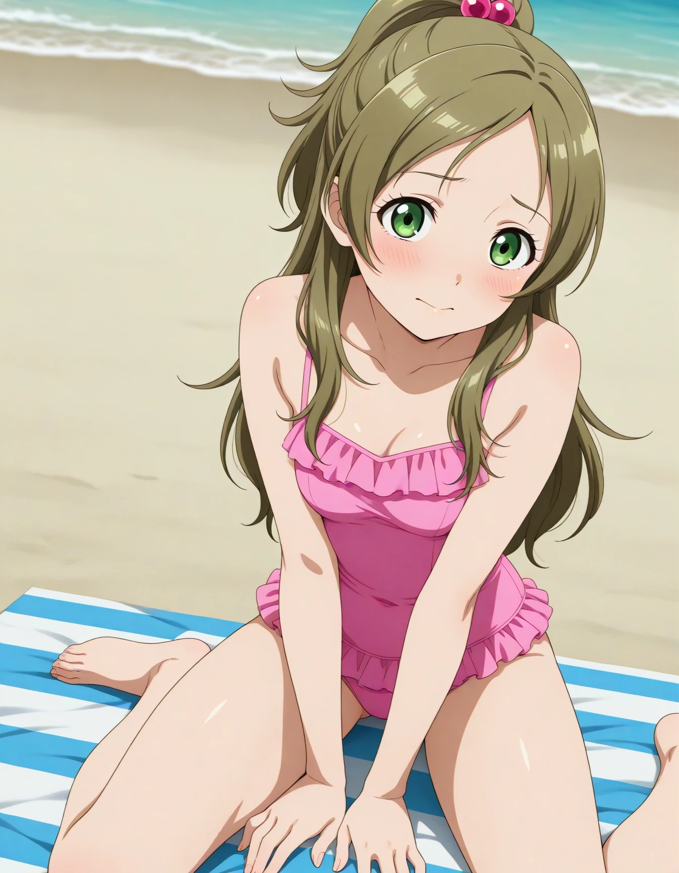 official style,masterpiece,best quality,newest,very aesthetic,highly detailed,high resolution,absurdres,highres,depth of field,super detailed skin,very awa,Anime,anime coloring,anime screencap,<lora:dmd2-lighting8step_cfg1.5:1>,<lora:Cure_Rhythm_V3:1>,minamino kanade,brown hair,blonde hair,long hair,half updo,ponytail,eyelashes,green eyes,hair bobbles,posing,casual_one-piece_swimsuit,beach,blush,embarrass,wariza,