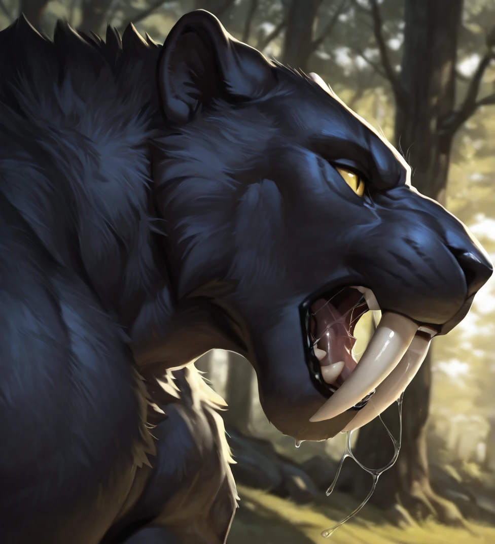 perfect anatomy, masterpiece, perfect quality, best quality, amazing quality, detailed, newest, very aesthetic, solo
portrait, side view, ((three quarter view)), close up, open mouth, roar, saliva, saliva strand, blurry background, forest, bald, black skin, panther,
s4beron, feline, fur, tusks, sabertooth, colored sclera, yellow eyes, slit pupils, muscular,
<lora:Saberon for Illustrious:0.85>