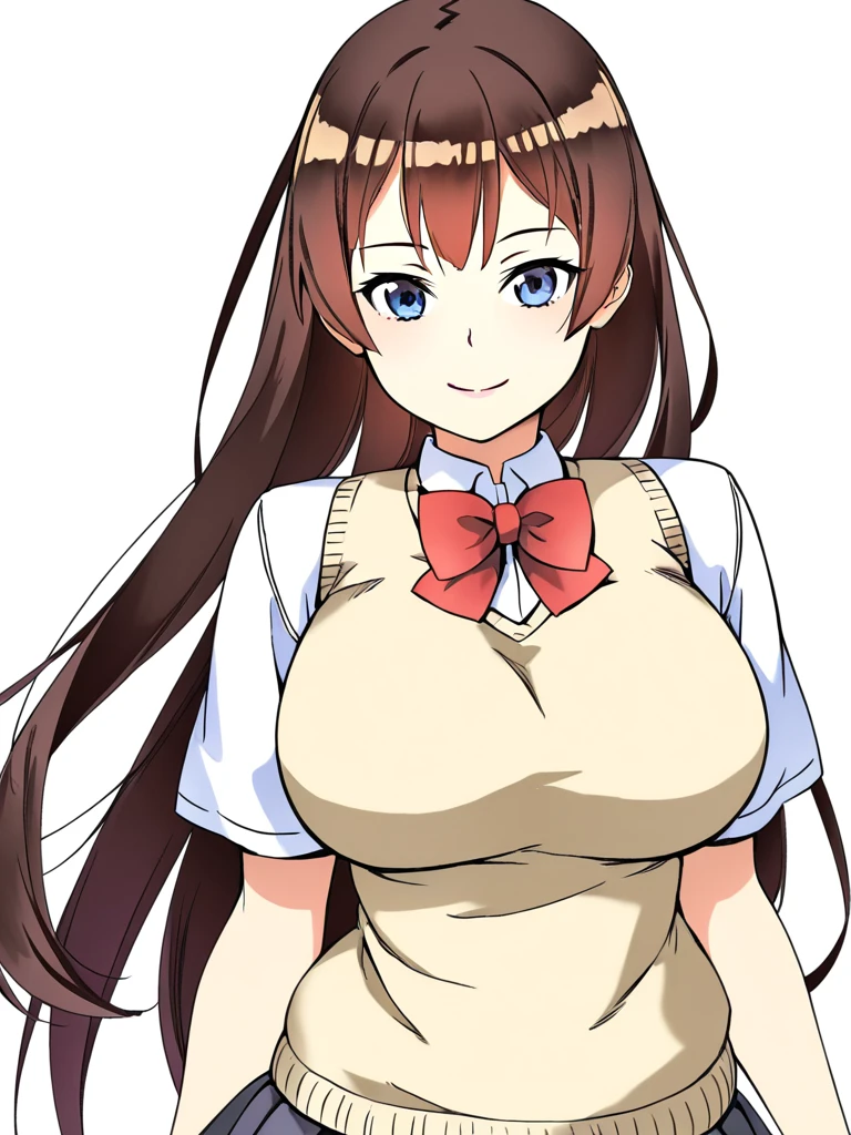 source_anime, BREAK, 1woman, oosuki mamako, brown hair, long hair, hair ribbon, purple eyes, white shaped pupils, (large breasts:1.2), BREAK, 1990s (style), retro artstyle, anime screencap, qvj