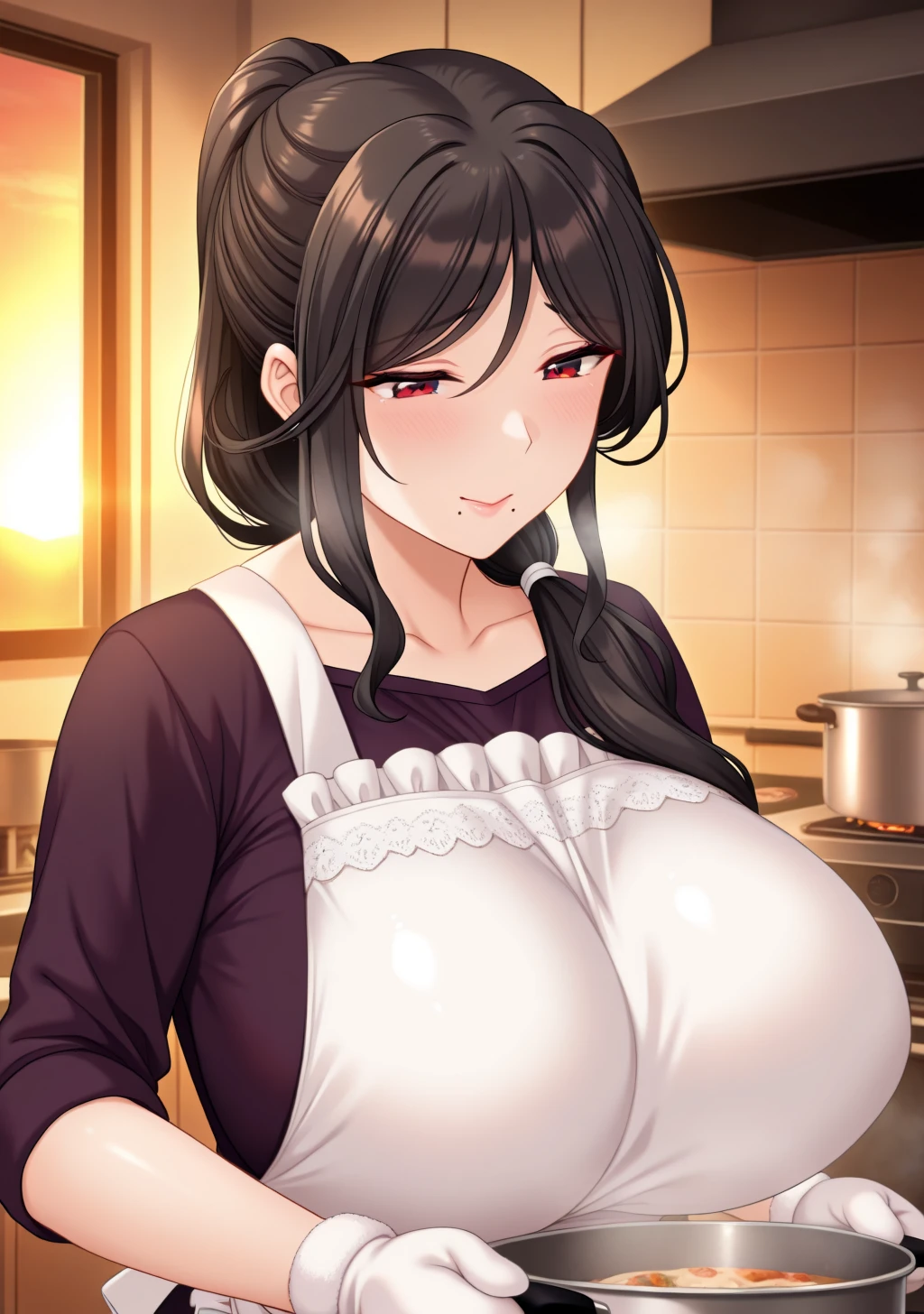 semiramis, (Mother:1.5), (Mature Woman:1.5), (absurderes, 8K, 4K, masutepiece, hyper extreme detailed:1.2), Best Quality, Perfect Anatomy, Perfect face, Facing forward, High humidity, (Very big boobs:1.3), Browsing Caution, nude, (Very large nipples:1.5), (Very large areola:1.5), smile,dress, Looking down on, sadistic, joy, Fearless smile, kitchen, apron, (Sharp Eyes:1.2), Cooking, Holding chopsticks, croquette
