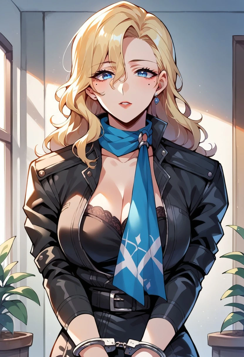 Bismarck from azur lane, elegant, adult woman, blonde hair, blue eyes, big breast, cleavage, black military uniform, military hat, extremely detail 8k cg, high resolution, shine.