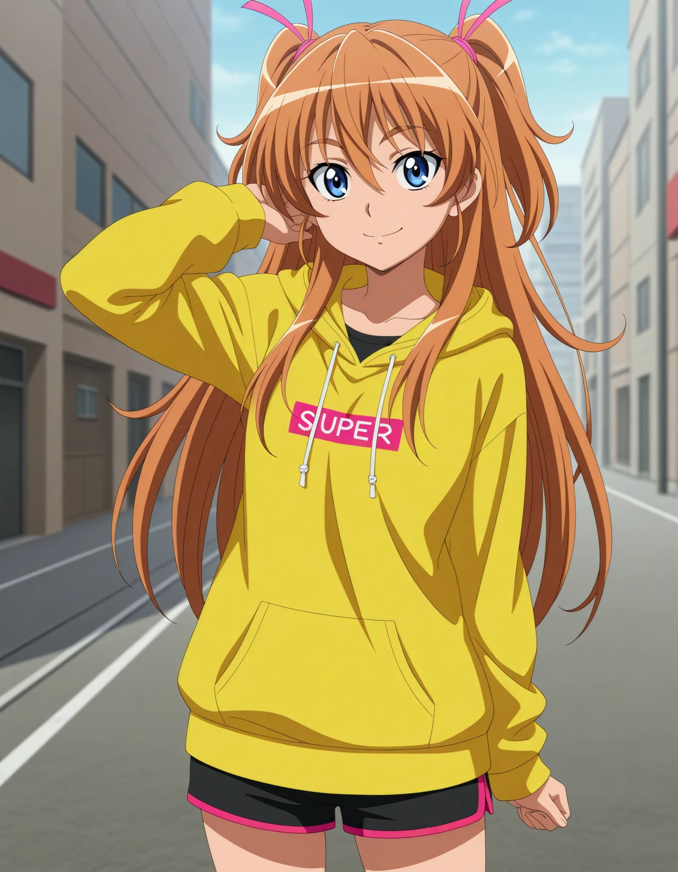 <lora:dmd2-lighting8step_cfg1.5:1>,official style,masterpiece,best quality,newest,very aesthetic,highly detailed,high resolution,absurdres,highres,depth of field,super detailed skin,very awa,Anime,anime coloring,anime screencap,<lora:Cure_Melody_V3:1>,houjou hibiki,solo,two side up,half updo,brown hair,orange hair,blonde hair,hair between eyes,long hair,eyelashes,eyebrows visible through hair,blue eyes,hair ribbon,pink ribbon,casual,miniskirt,hoodie,shorts,city,posing,