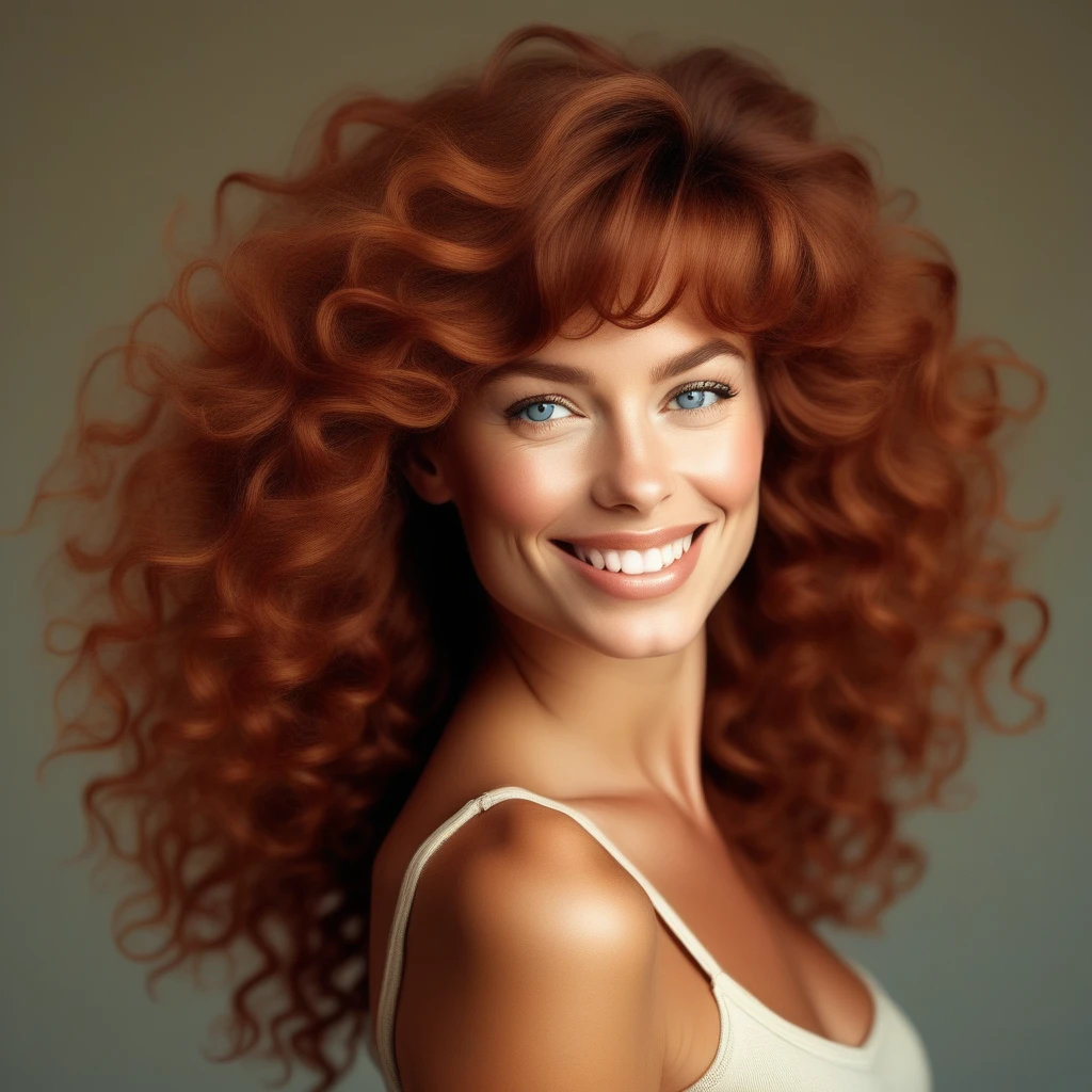 (masterpiece), (photorealistic), (8k), head-and-shoulders portrait of a beautiful woman with thick, voluminous ((feathered chestnut curls:1.3)) and soft tousled bangs framing her forehead. Her fair skin has a warm glow, and her full lips are curled into a wide, playful smile, blue eyes slightly squinted with expression. She’s posed in soft angled light, her hair glowing with subtle auburn highlights. Background is creamy tan with subtle retro grain. Shot with a Hasselblad in warm editorial studio lighting.