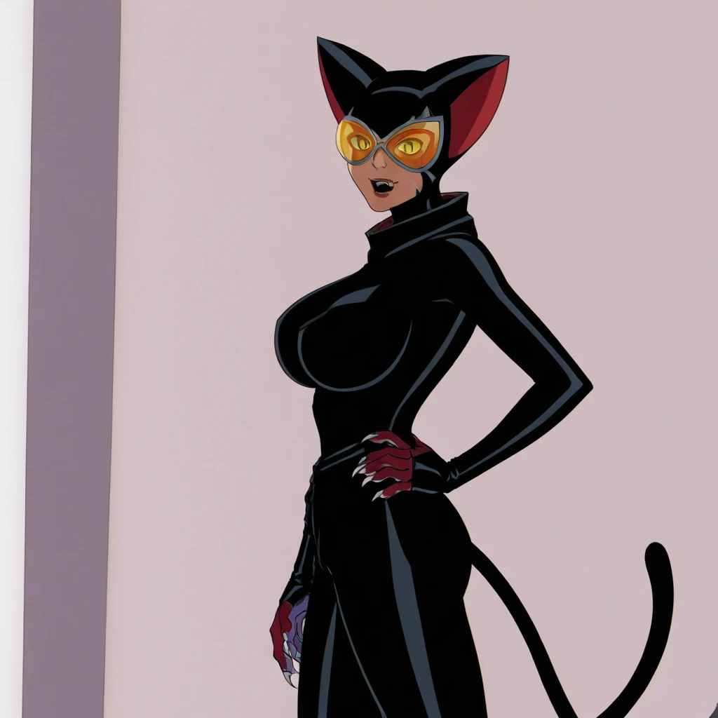 Black and white only. Mainline only.Vector line.Simple.Black Bikini.Black thigh-high boots with stiletto heels.Black corset.Black Long Gloves.Black garter belt.blonde.Full body image of a woman.No background.Cat mask.single