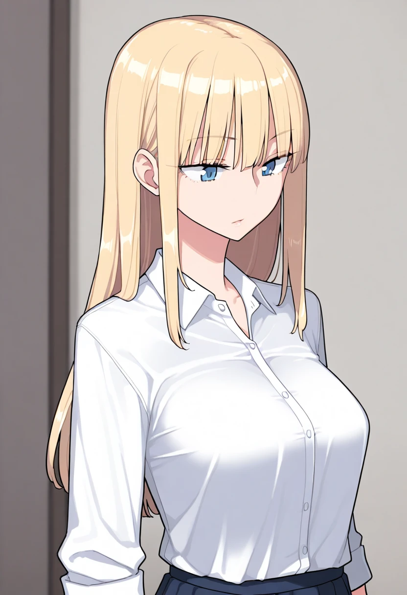 <lora:Ogata Kanna:0.8>, (masterpiece, best quality:1), 1girl, solo, ogata kanna, long hair, animla ears, collared shirt, skirt, halo,hair over one eye, animal ear fluff, blonde hair, sharp teeth, looking at viewer, breast