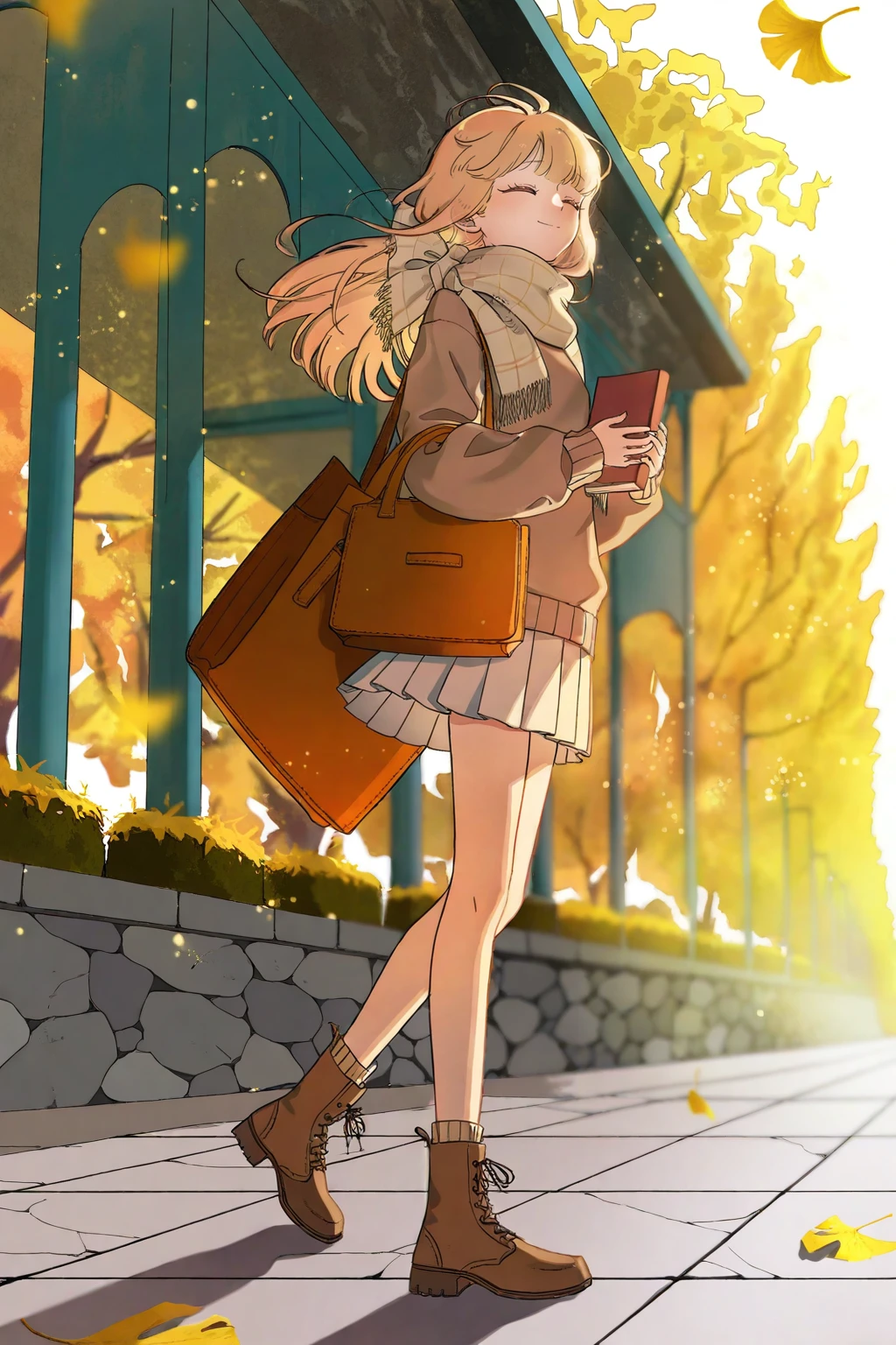 highres,absurdres,very awa,masterpiece,best quality,newest,year 2024,
<lora:UselessFox-Style-000116:0.8>,
brown sweater,pleated skirt,ankle boots,wool scarf,
soft smile,eyes closed,windblown hair,
stepping on leaves,holding book bag,looking sideways,
golden ginkgo trees,fallen leaves pavement,stone benches,campus archway,
autumn sunlight,golden hour glow,leaf particles,shallow depth of field,
medium long shot,low angle view,path leading line,