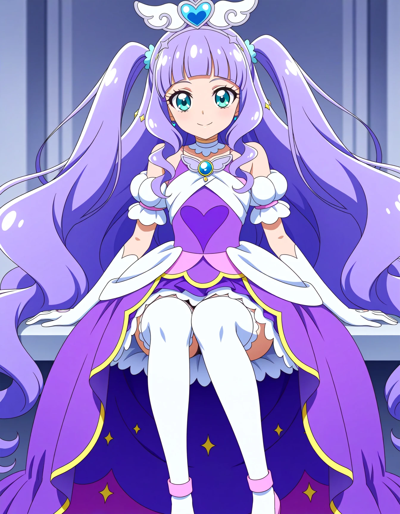 <lora:dmd2-lighting8step_cfg1.5:1>,official style,masterpiece,best quality,newest,very aesthetic,highly detailed,high resolution,absurdres,highres,depth of field,super detailed skin,very awa,Anime,anime coloring,anime screencap,<lora:Cure_Majesty_V1:1>,cure majesty,solo,aqua eyes,long hair,purple hair,very long hair,two side up,wing hair ornament,hair ornament,wing brooch,jewelry,brooch,purple dress,medium dress,heart dress,shoulder cutout,layered skirt,pleated skirt,purple skirt,miniskirt,gloves,elbow gloves,white gloves,sleeveless,white thighhighs,purple footwear,shoes,smile,