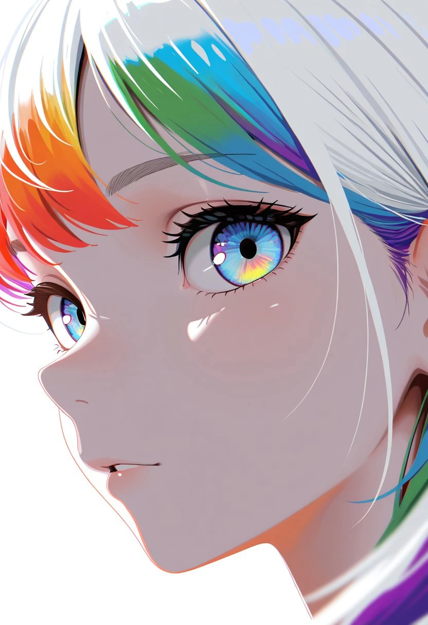 masterpiece, best quality, perfect eyes, newest, highres, absurdres, no lineart, no outline, detailed, looking at viewer, 1girl, solo, chromatic aberration, rainbow hair,white theme ,limited palette,tenebrism,close up, depth of field