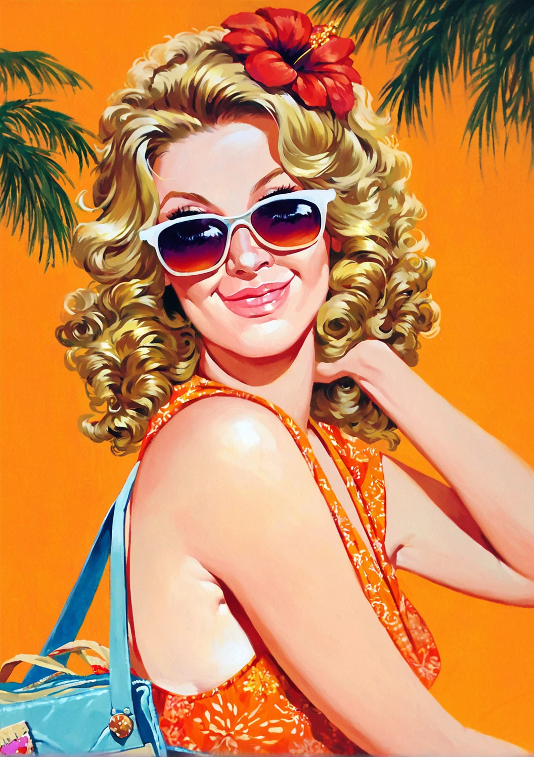 Vintage, Illustration, Surrealism, woman white short tousled hair freckles on the face tanned round glasses with pink lenses summer blue dress beach, Minimal and clean, Dark pastels, Maria Sibylla Merian, Rob Gonsalves, René Magritte, Flat color background, Silk screen, Vintage wallpaper
