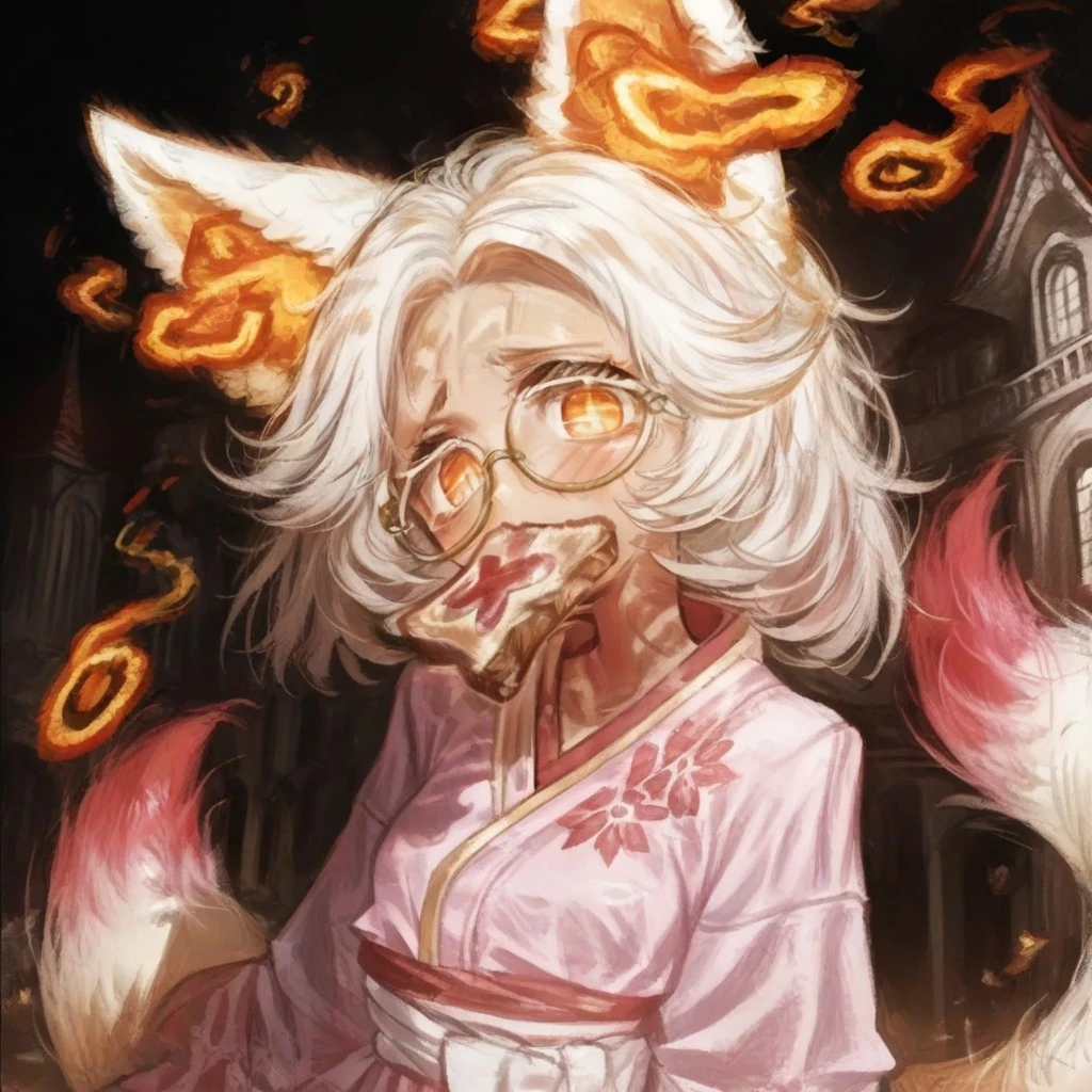 GAM0, best quality, masterpiece, source_anime, dramatic lighting, (score_9, score_8_up, score_7_up), perfect eyes, 1girl, dark skin, fox girl, huge fox ears, golden trim round glasses, toast in mouth, solo, red medium hair, orange eyes, pink crop kimono, golden trims, forehead, shiny skin, tan lines, mansion, head tilt, standing, upper body focus,