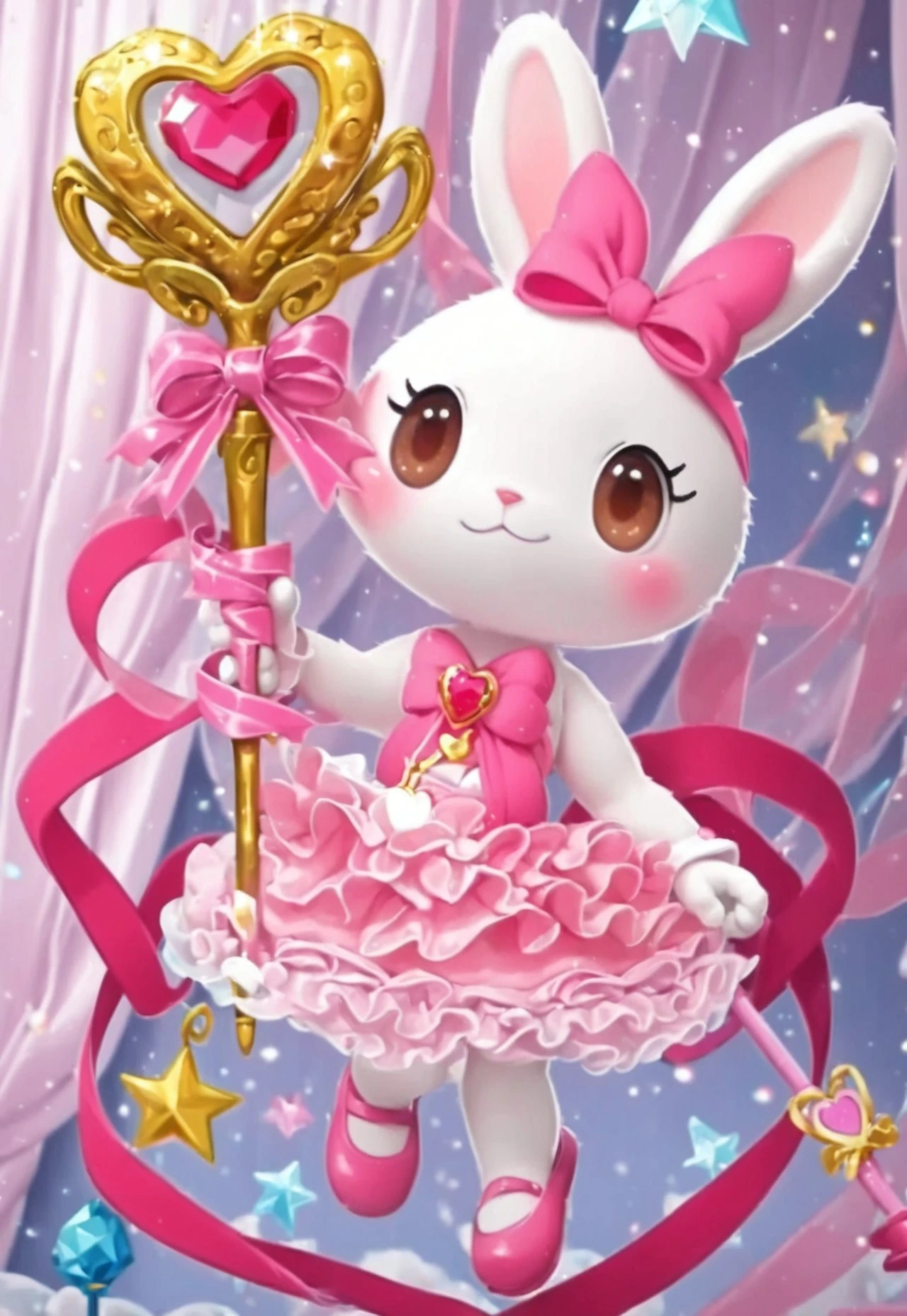 score_9, score_8_up, score_7_up, source_furry, (anthro, furry, furry female) princess pring, rabbit, (white skin, white fur, bodyfur), white rabbit ears, white rabbit snout, rabbit nose, big eyes, dot eyes, brown eyes, blush, magic wand, holding magic wand, staff, (hot pink and white gilded rose-shaped ribboned wand), hot pink ribbon, heart-shaped gem, (ribboned heart-shaped gem attached to gilded rose-shaped wand), ballerina, hot pink pink strapless sleeveless ballerina dress, bare shoulders, hot pink frilly tutu, gold crown, pink ballet slippers