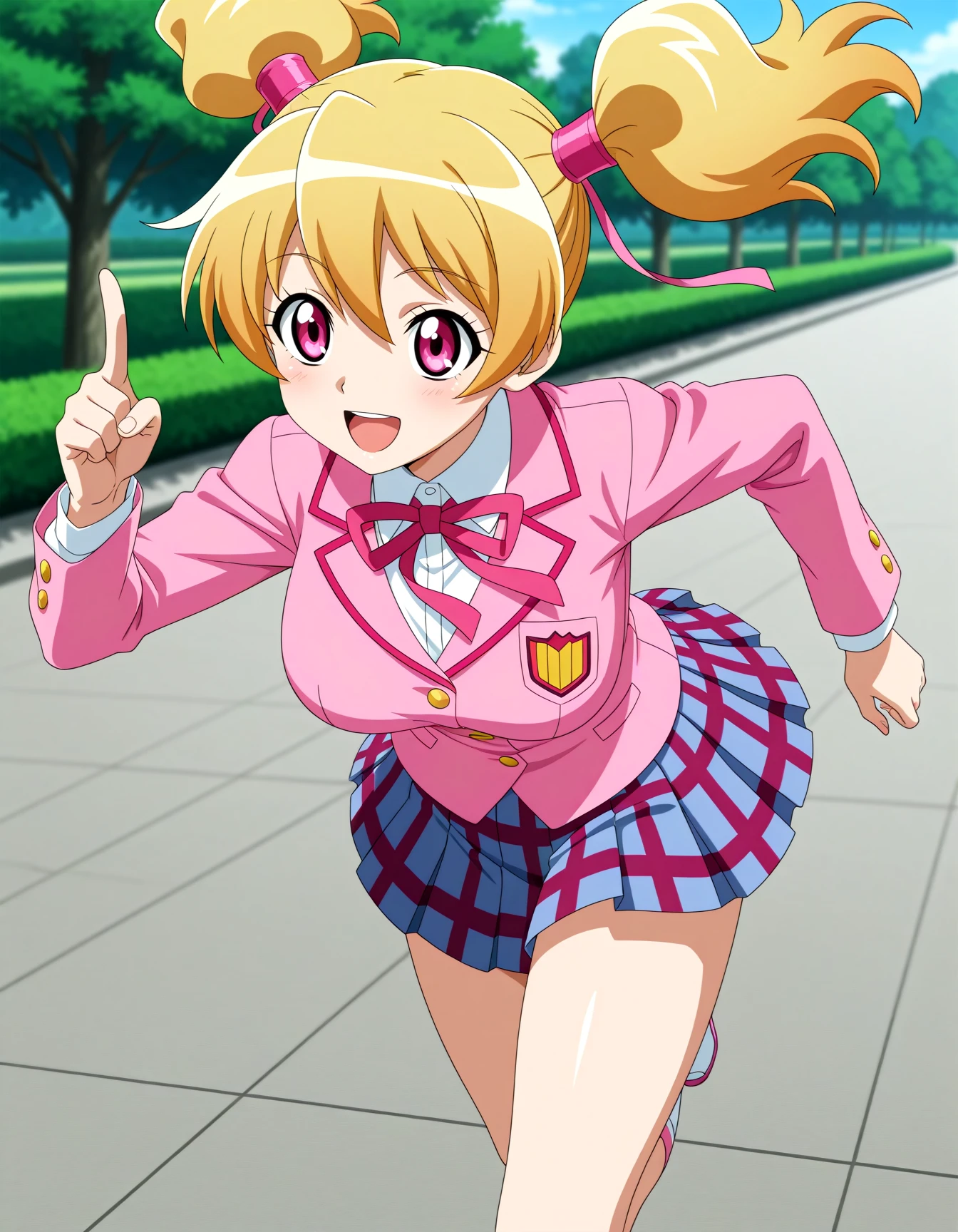 <lora:dmd2-lighting8step_cfg1.5:1>,official style,masterpiece,best quality,newest,very aesthetic,highly detailed,high resolution,absurdres,highres,depth of field,super detailed skin,very awa,Anime,anime coloring,anime screencap,<lora:Cure_Peach_V1:1>,momozono love,pink eyes,blonde hair,short hair,twintails,medium breasts,pink ribbon,school_uniform,miniskirt,smile,running,flying,open mouth,park,