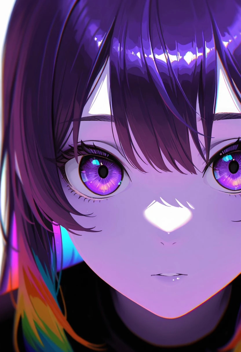 masterpiece, best quality, perfect eyes, newest, highres, absurdres, no lineart, no outline, detailed, looking at viewer, 1girl, solo, chromatic aberration, rainbow hair, dark violet theme, limited palette, tenebrism, close up, depth of field