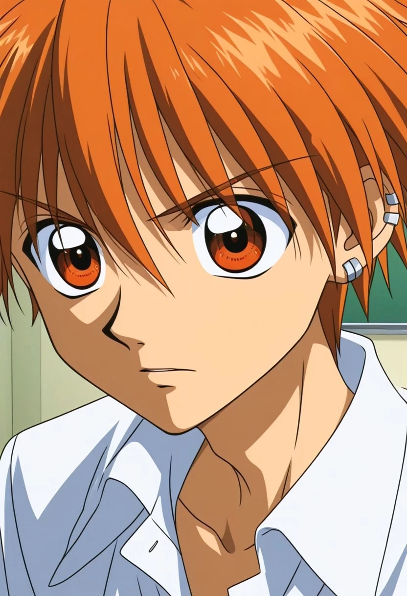 High quality, high definition, very clear, perfect eyes, perfect anatomy, anime, anime style, anime screencap, anime coloring, anime official art, 1male only, 1boy only, male focus, solo male, handsome, very attractive male, bishounen, sexy, cute, charming, tall body, tall height, Kaito Doumoto, orange hair, orange eyes, ear piercing, white collared buttoned shirt, head focus shot, school classroom