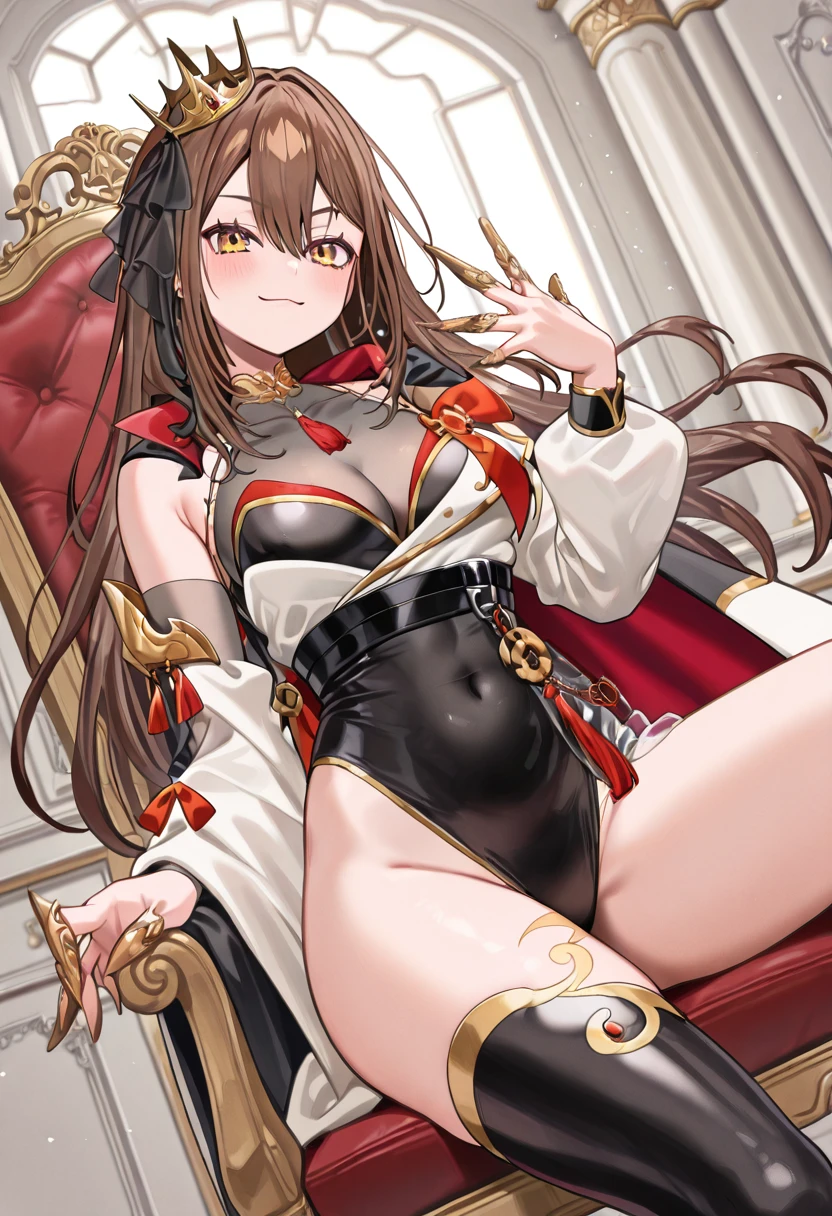 ((highest quality)), ((masterpiece)), (detailed), （Perfect Face）、The woman is Marina Katsuragi and has long brown hair.、She has red eyes, a gorgeous black long slit see-through dress that shows off her skin, a see-through cape with fur, a jeweled necklace, a tiara, earrings, a head dress-up chain, a waist chain, bracelets, anklet, etc.々She wears lavish jewelry and shiny black boots.
