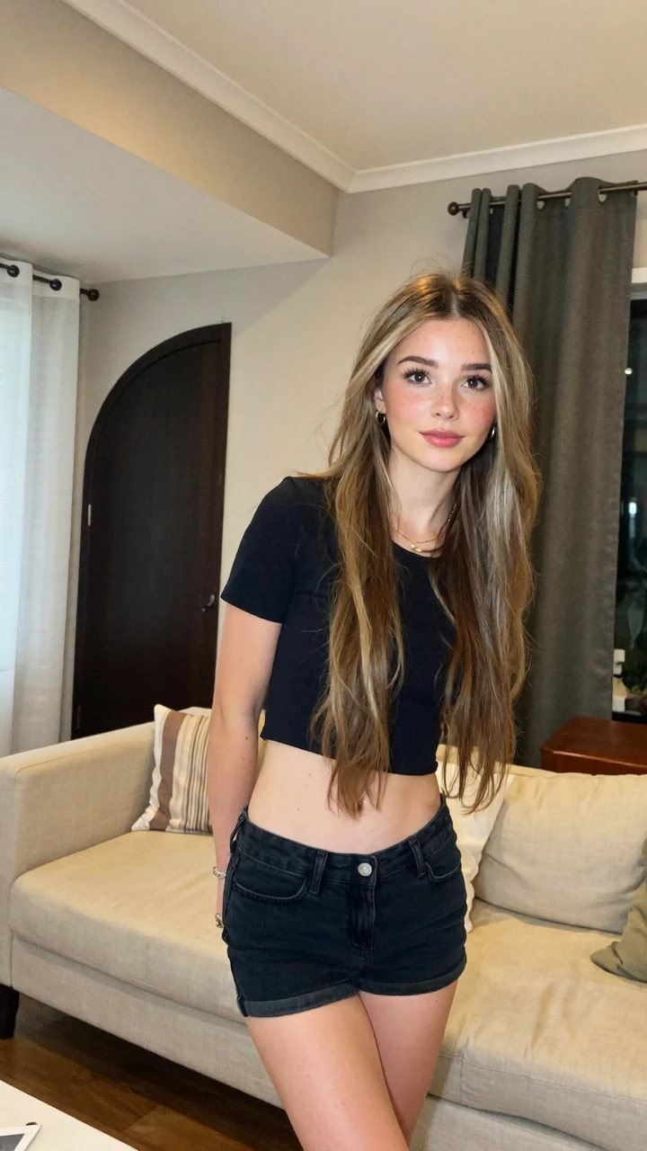 Instagirl, no makeup, petite body, standing hip-sway pose with one hand tucked behind back, eye-level medium-full framing, young white-phillipino woman, long straight chest-length brown hair, oval face, matte skin with a few small moles and freckles wearing tight black cropped T-shirt and black tight biker shorts with black waistband, thin gold necklace, neutral living room with cream sofa, beige pillows, half-circle dark wall panel and curtains, warm indoor lamp light, casual evening vibe, amateur cellphone quality, subtle motion blur present
visible sensor noise, artificial over-sharpening, heavy HDR glow, amateur photo, blown-out highlights, crushed shadows
